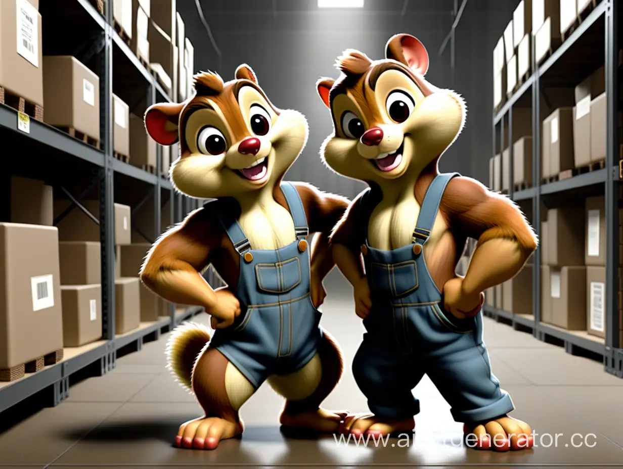 Чип и Дейл одетые в спецовку на складе кабеля
