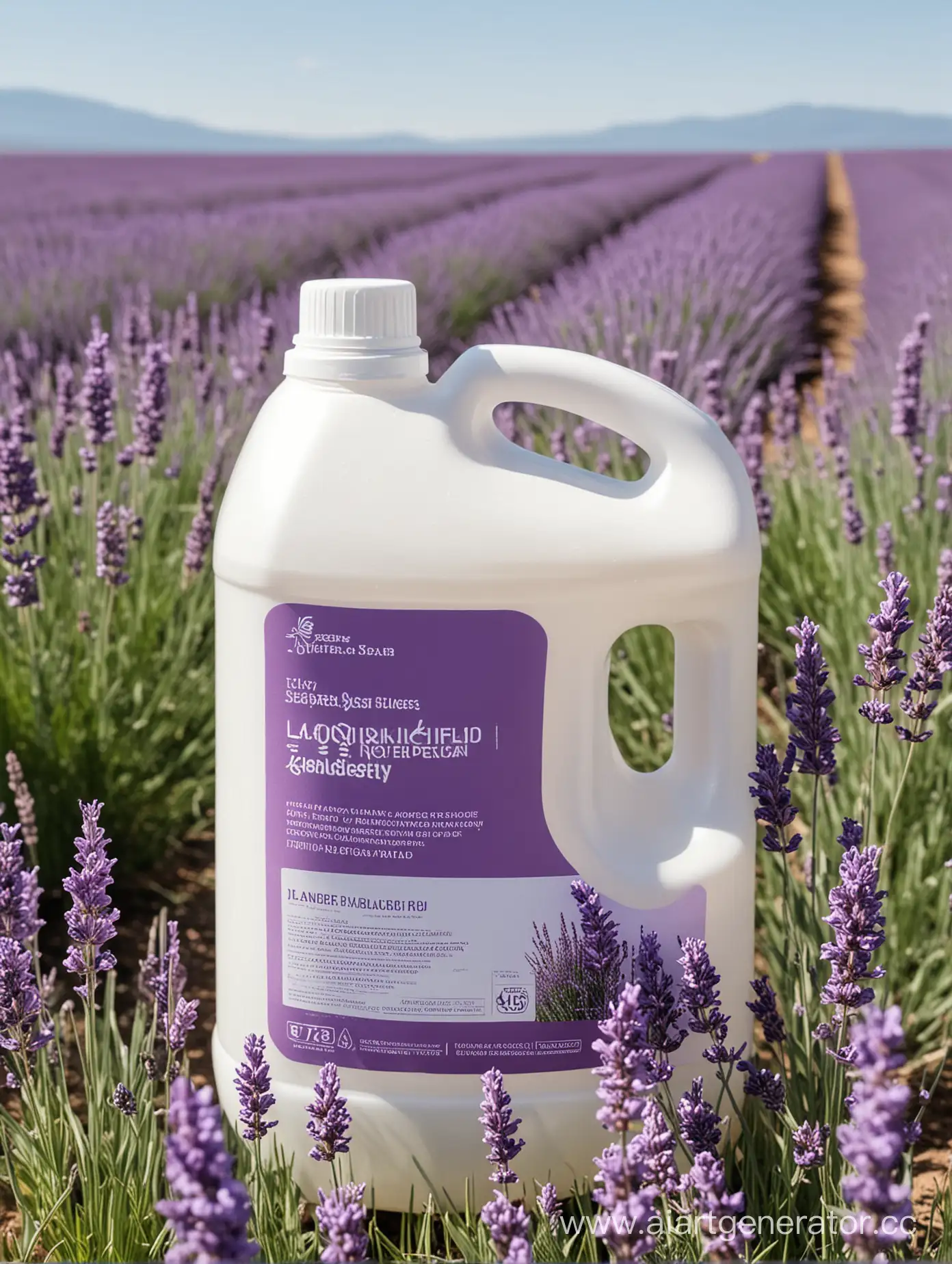 a 5 liter canister of laundry gel stands in a lavender field