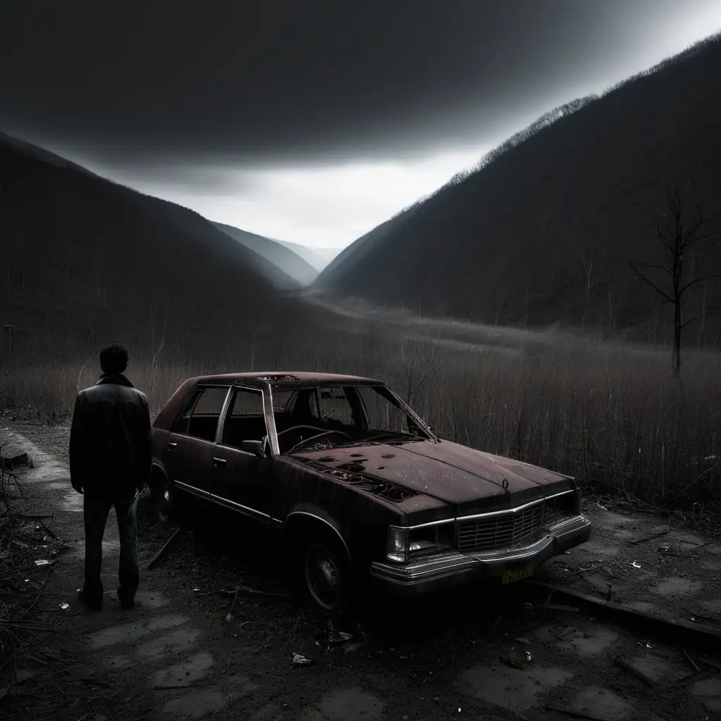 Solitary Figure by Abandoned Car in Dark Valley