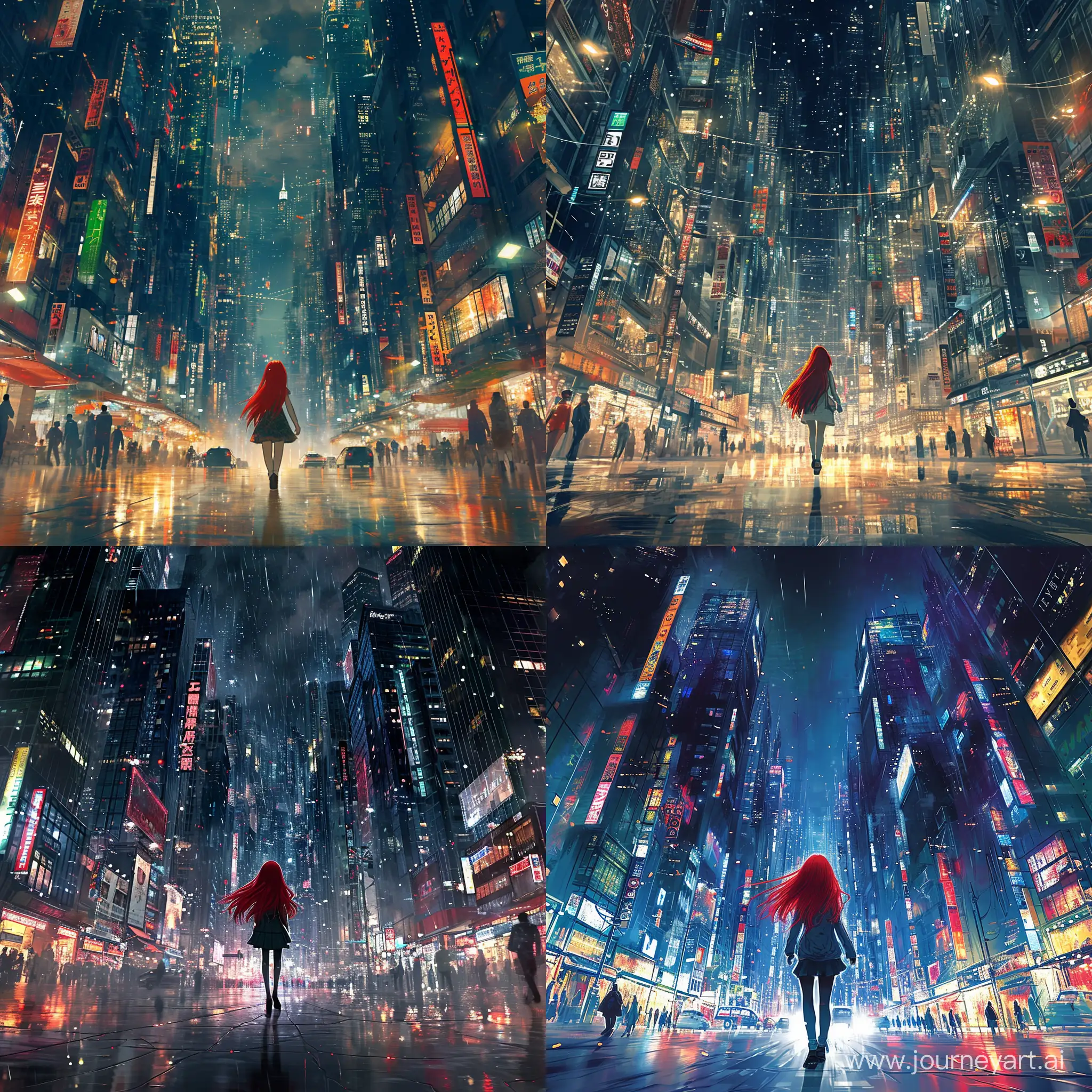 RedHaired-Girl-Strolling-Amidst-Night-Metropolis-Lights