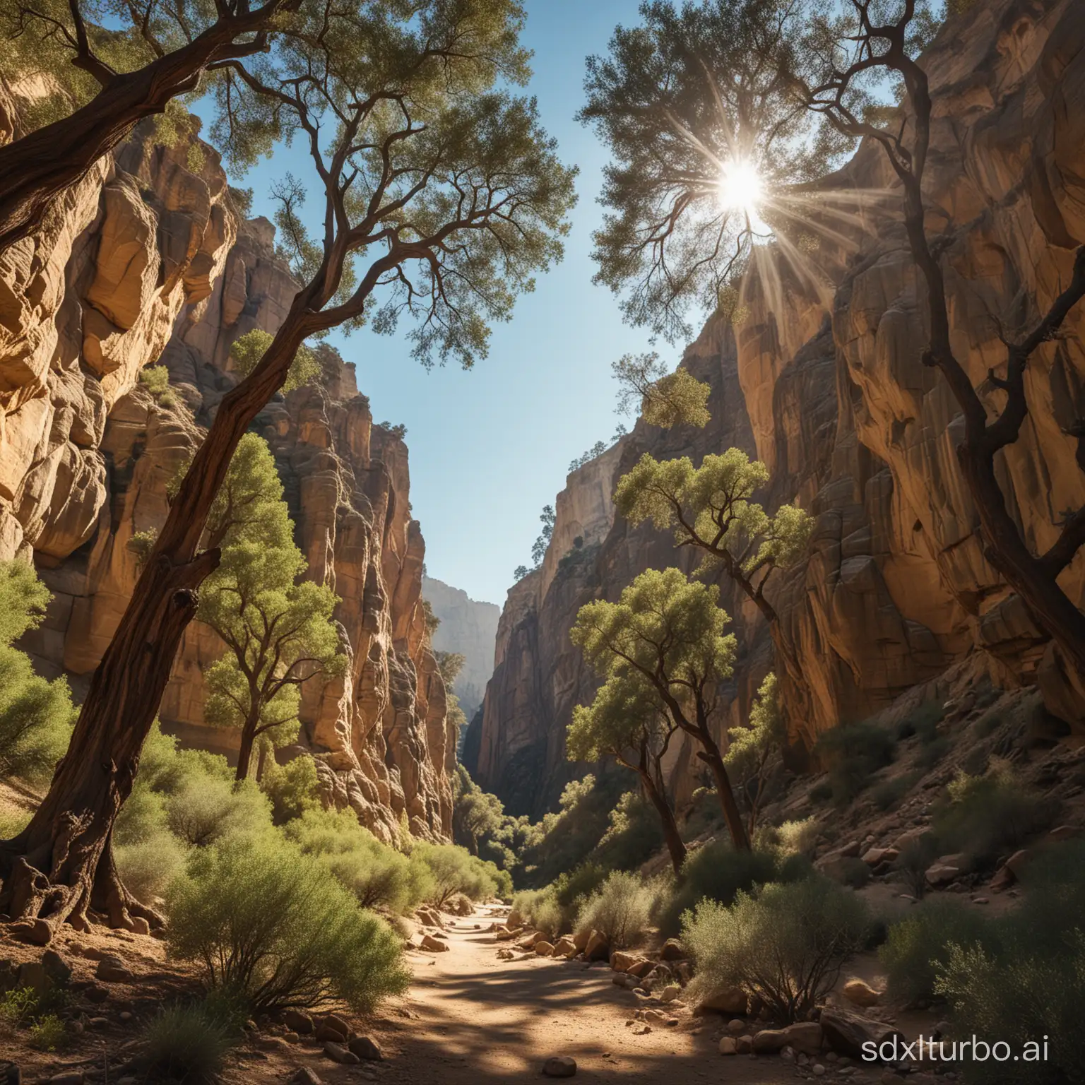 ``` /imagine prompt: A majestic canyon in California framed by towering trees beneath clear skies, rugged yet scenic, nature, landscape, sylvan, sunlight, olive trees, Sony A7R III, f/1.8 lens, landscape format, --style raw --stylize 150 --ar 16:9 --v 6 ```