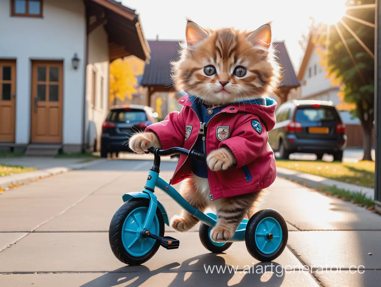 Котенок на солнце пушистый едет на трёхколёсном велосипеде в курточке 