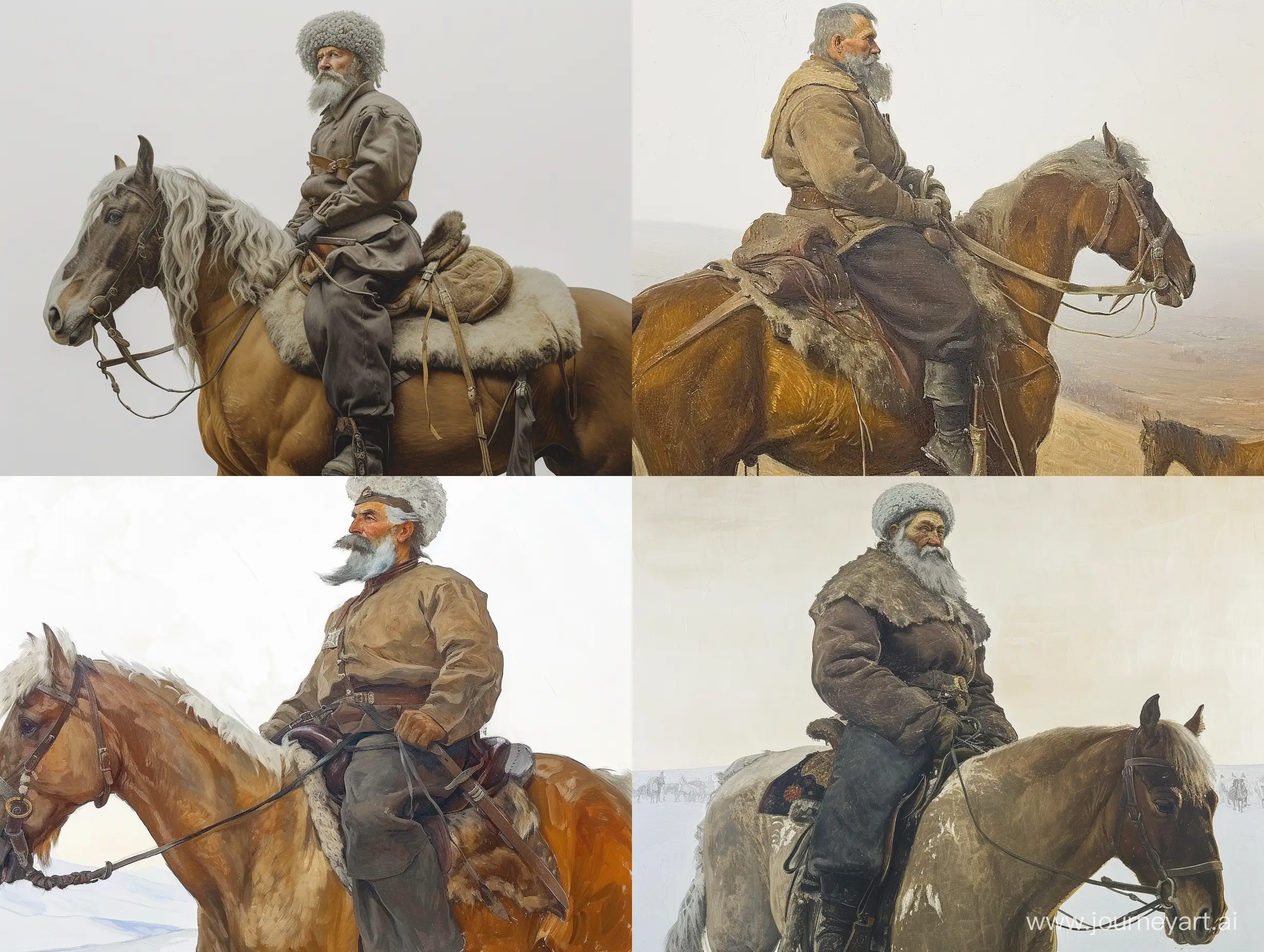 A huge horseman with a gray mustache and beard, sitting on a horse, a sheepskin hat on his head, a horse in the foreground, standing in profile, the rider is dressed in dark trousers, a Cossack military uniform, Nicholas Roerich on a white background