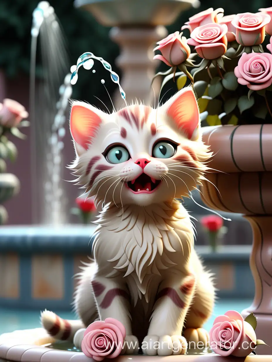 Adorable-Kitten-with-Expressive-Eyes-and-Roses-by-a-Charming-Fountain