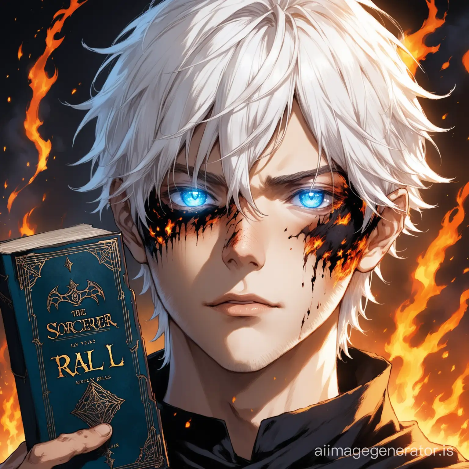 Book cover, Title: New Ral. On the cover is depicted a sorcerer guy, with a burnt face, white hair, blue eyes, thin lips. 20 years old. High quality, attention to small details, attention to details