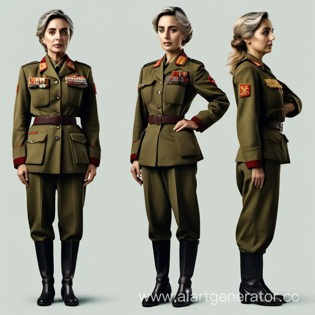Ana de Armas, 30 old woman, full body, totalitarism, 8K, highly detailed, ww2 Soviet military uniform officers, solo