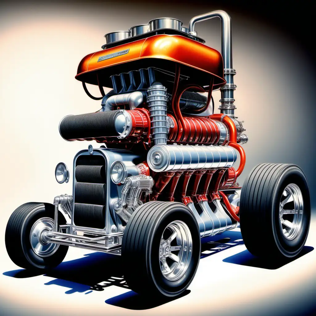 artwork by Big Dogg, full hd color concept art drawing, (one massive t bucket with big blower v8 engine:1), standing on floor, blower, supercharger, conveyor belts, nos, gauges, turbos, tubes, pipes, plumbing, cables, wires, air cleaner, oil cooler, intakes, kustom kulture, true light, hires, 16k, rich colors.