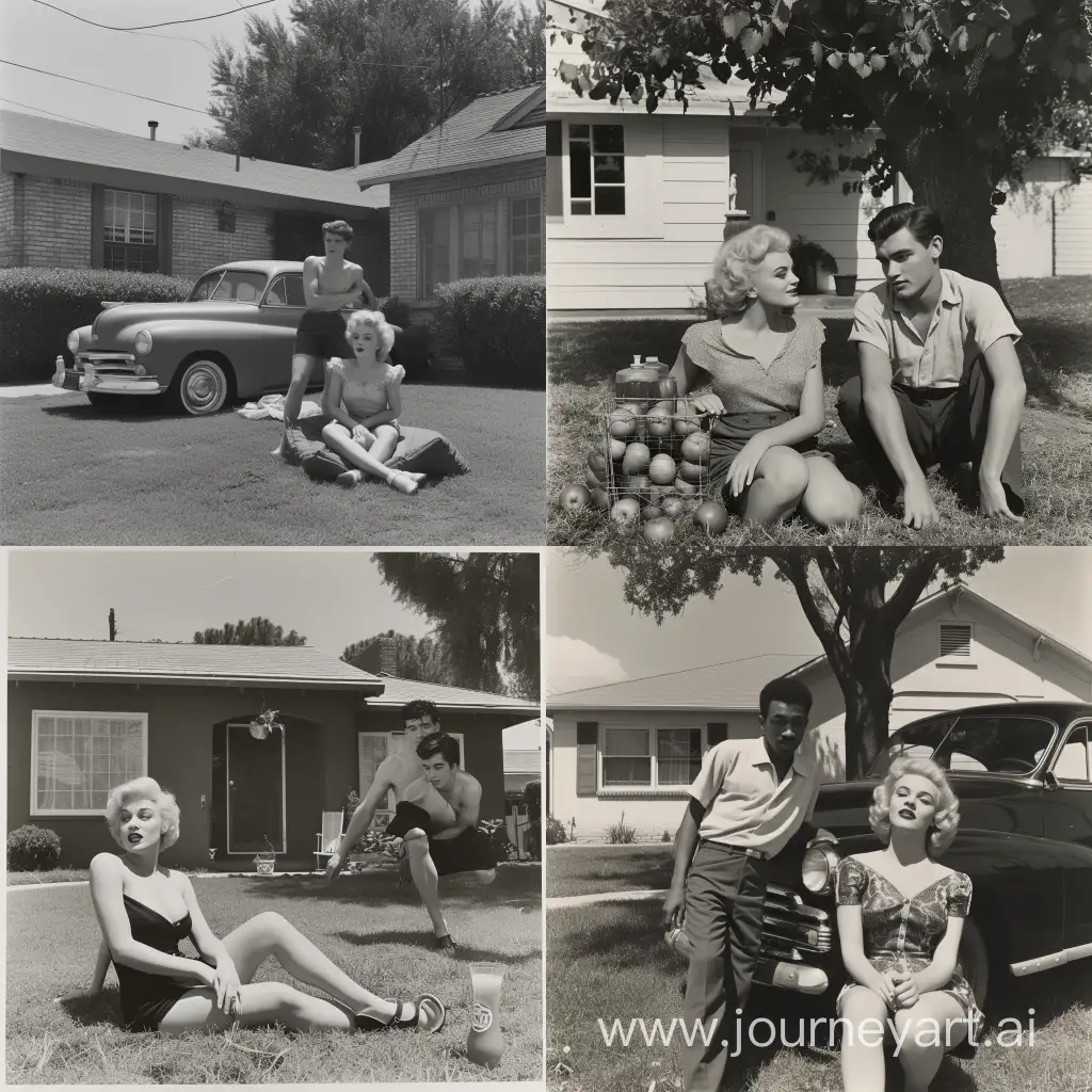 A 1950s Black and White Photograph,Of juice WRLD and Marilyn Monroe,in a Front Lawn of a vintage Suburban home