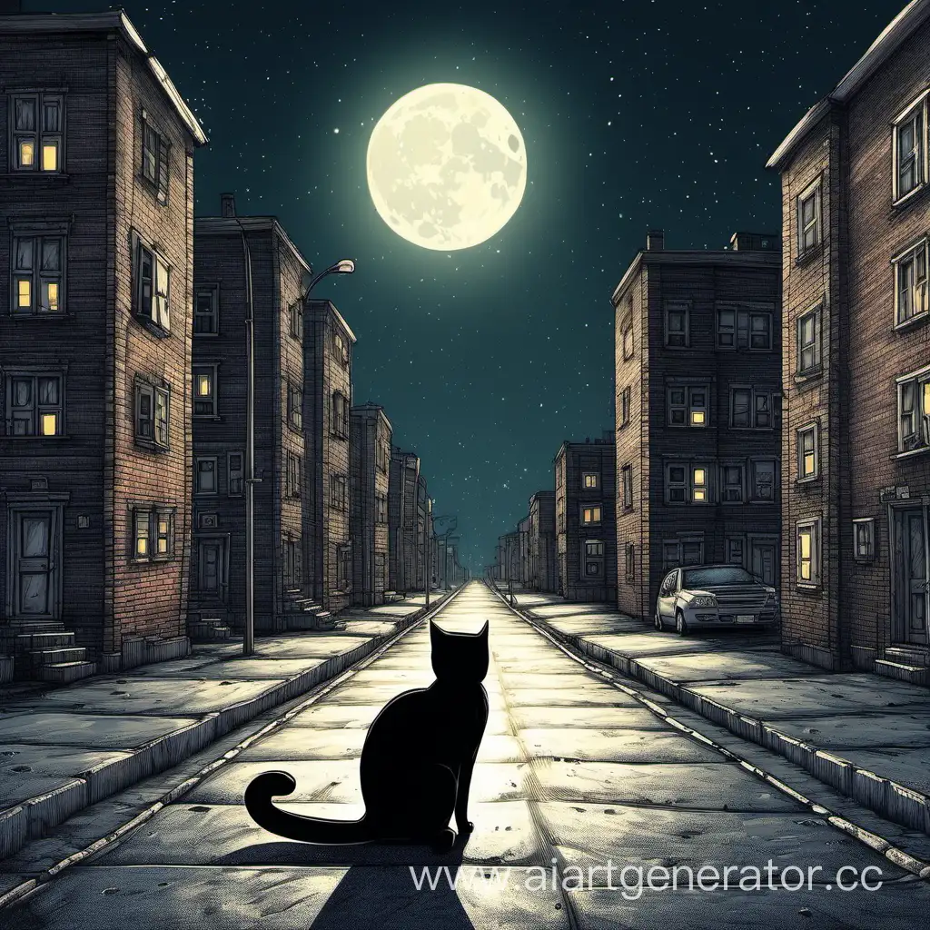 block houses in a night, empty city stand on the asphalt from the gaze of a cat