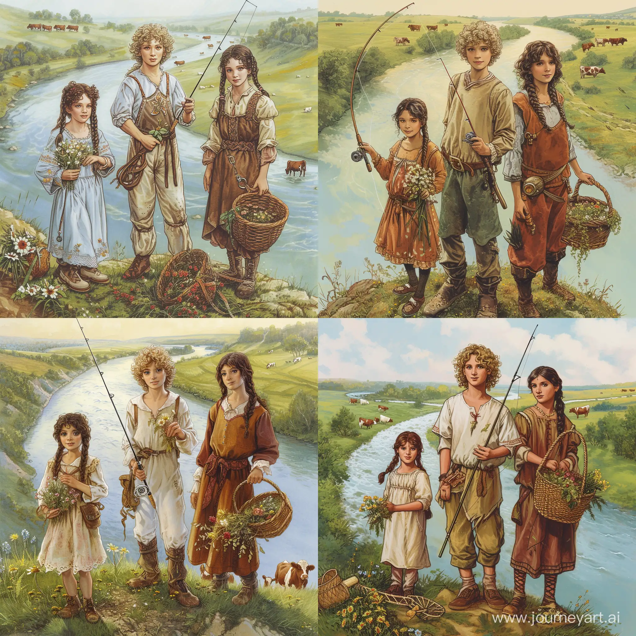 Family-Fishing-Day-on-the-Sunny-Hillside-with-Wildflowers