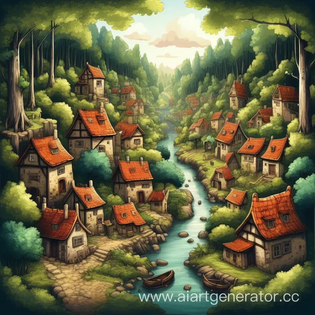 Малый арт  где изображена деревня в лесу без замков.