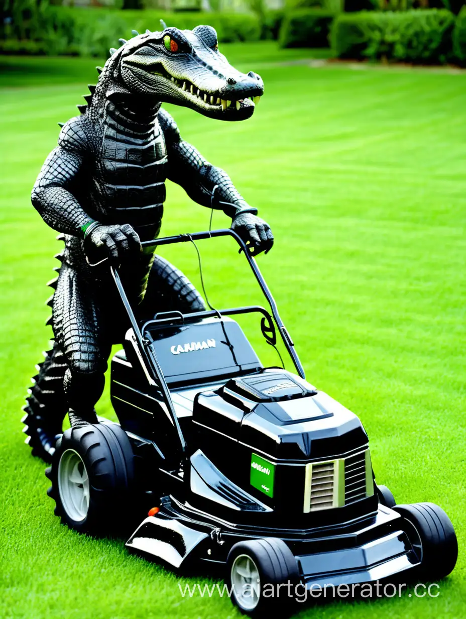 black crocodile lawn mower lawnmower caiman man