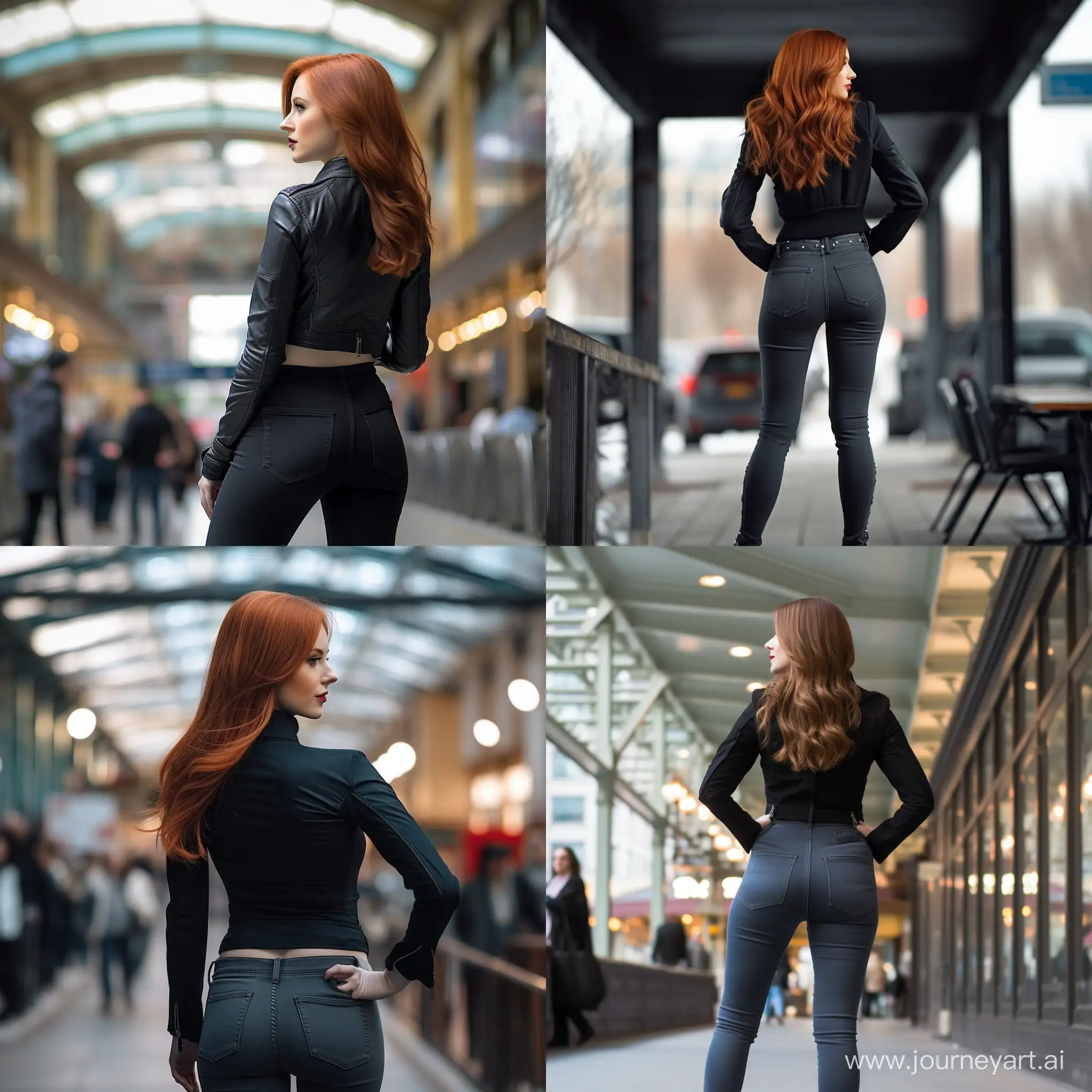 Beautiful white redhead woman, cropped black winter jacket, tight jeans, candid photo from the back, photography, realistic photography, generous proportions, desirable proportions, Extremely generous back proportions, hourglass proportions, high heels