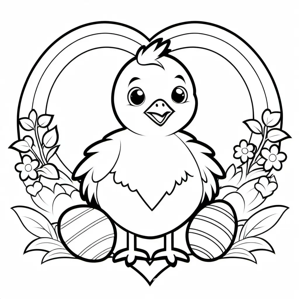 easter chick with heart
for kid, Coloring Page, black and white, line art, white background, Simplicity, Ample White Space. The background of the coloring page is plain white to make it easy for young children to color within the lines. The outlines of all the subjects are easy to distinguish, making it simple for kids to color without too much difficulty