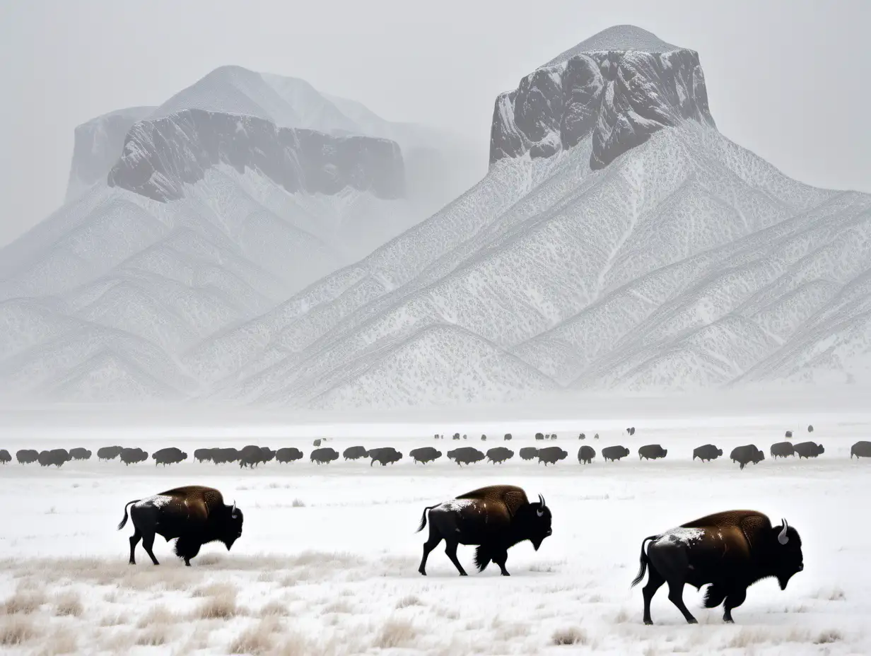 Winter Buffalo Hunting Scene Indians on Texas Plains Amidst SnowCovered Mountains