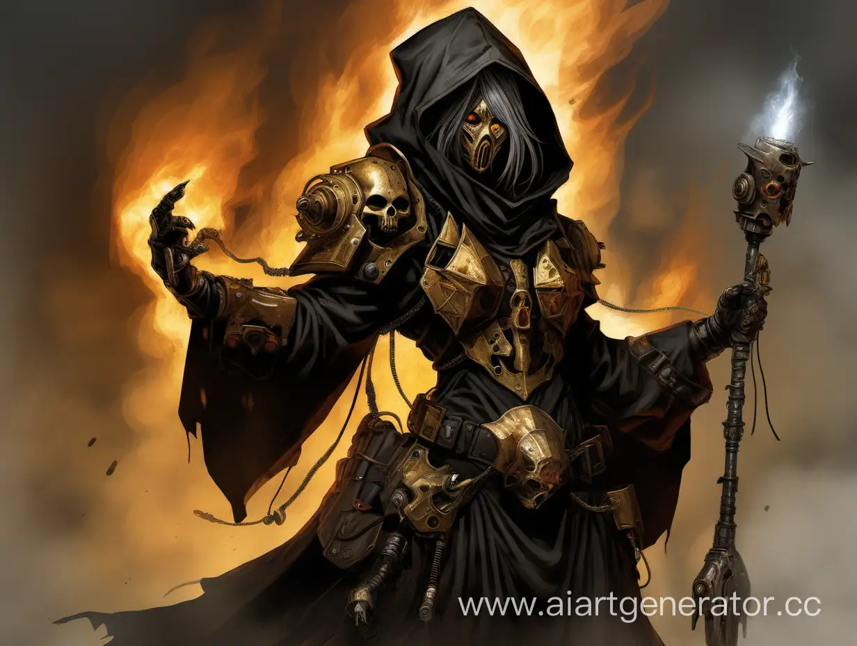 a female sanctioned psyker from Warhammer 40k with tanned skin and gold eyes and aburn hair, with half her face covered with burn scars and cybernetics, viewed from an angle, wearing a tattered black hooded robe and old light power armor with tubes coming out of the gorget and chestplate and going over her shoulders and under her arms into a backpack, holding a burning power staff