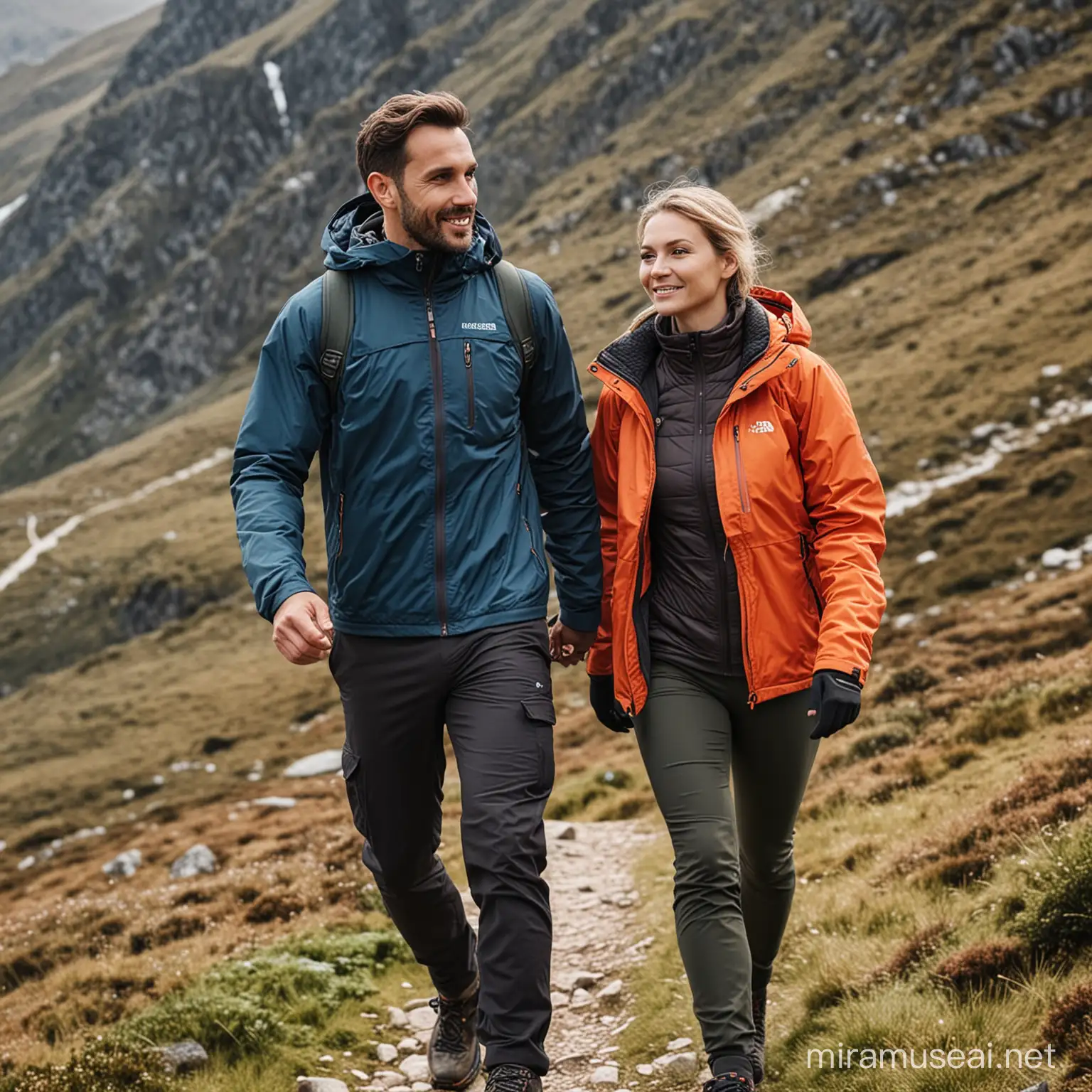 Man and woman hiking in great jackets
