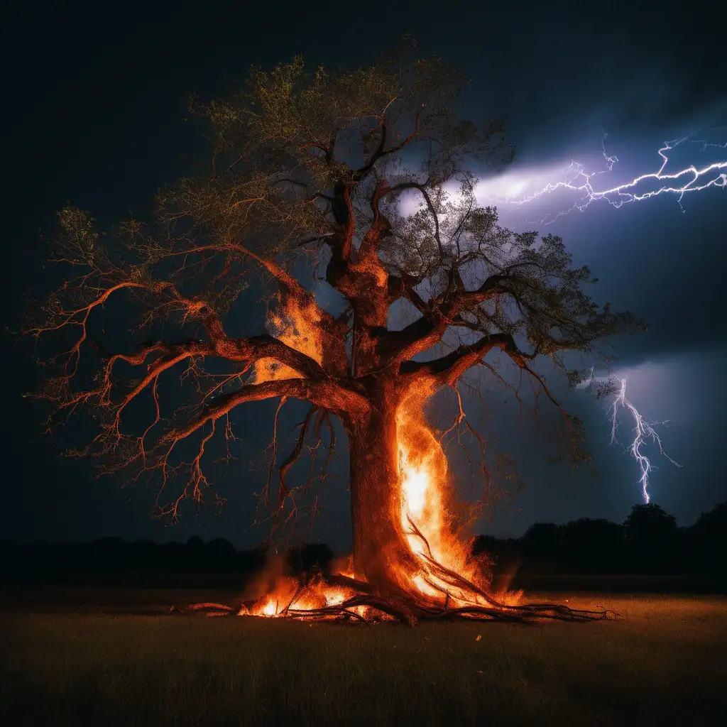 Burning oak tree struck by lightning on a dark night