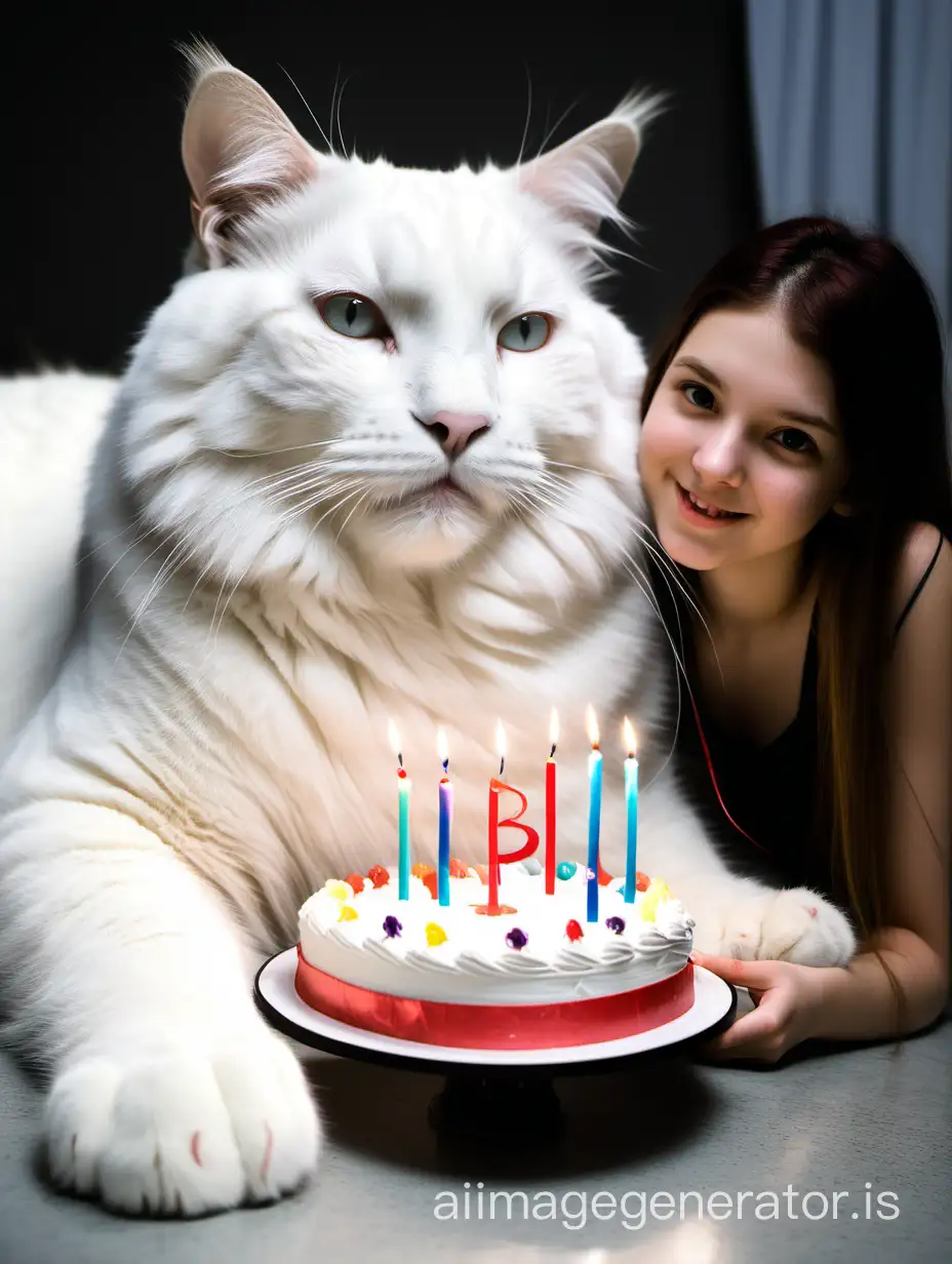 Big white cat wishes the girl a happy birthday