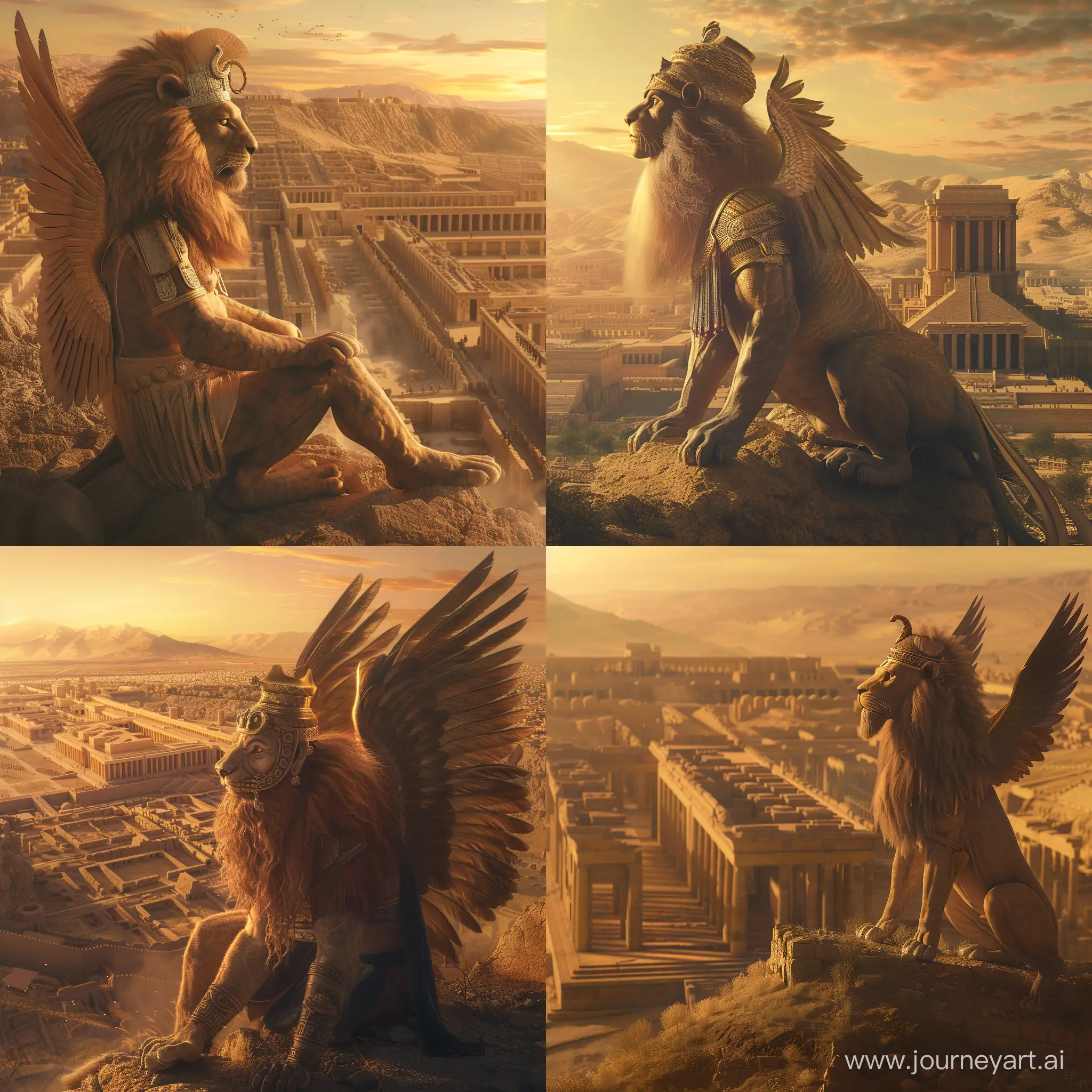 An animal with a head like an Achaemenid human face and a beard king and a lion's body and two wings is looking at Persepolis from the top of a hill in Persepolis. in an ancient civilization, cinematic, epic realism,8K, highly detailed, bird's eye view, golden hour lighting, make a realistic photo.