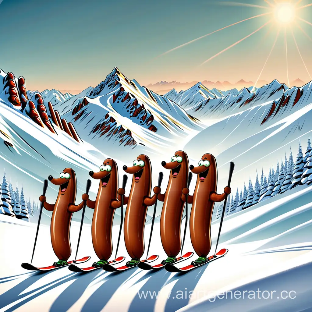 4 сосиски катаются на лыжах в горах