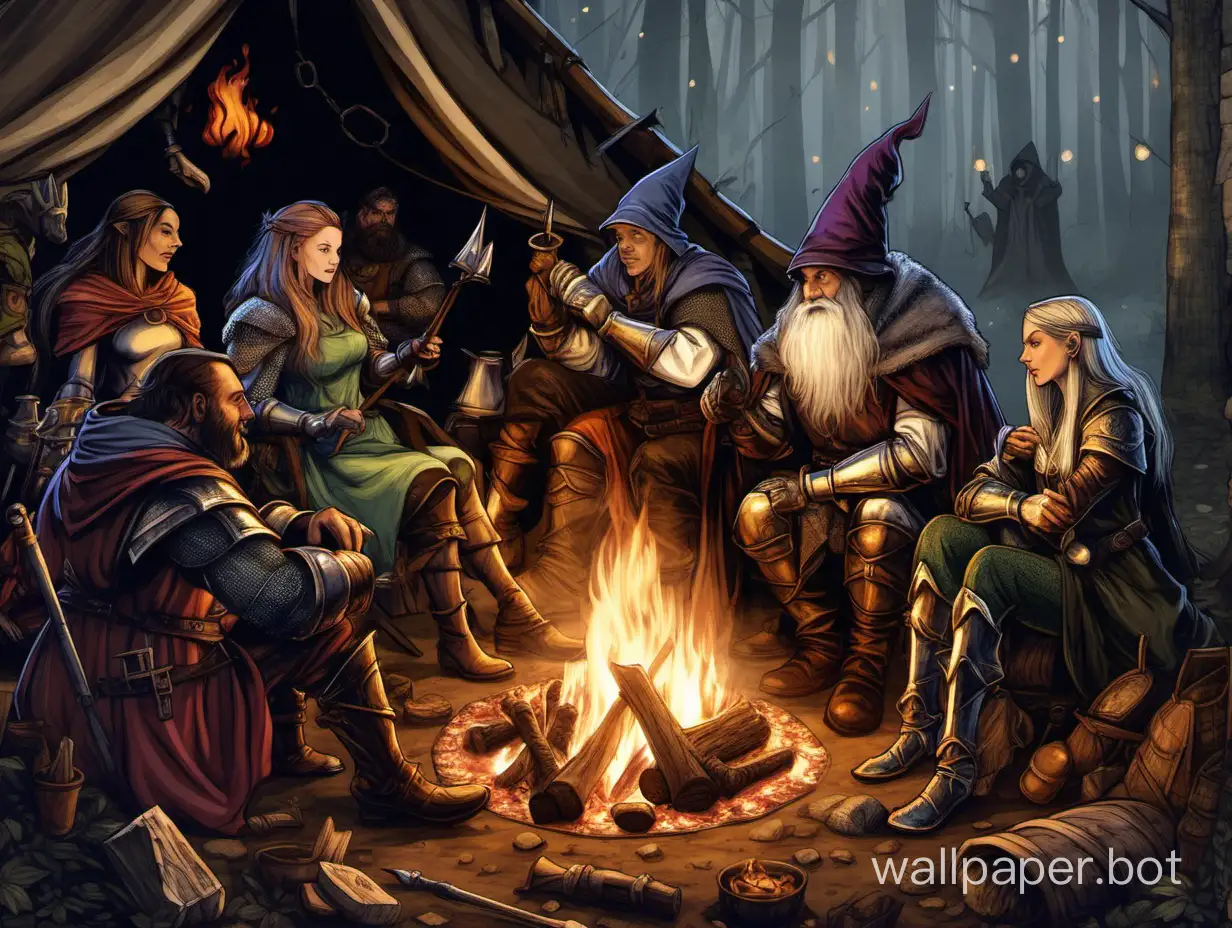 Medieval guild with knight, huntress, wizard, dwarf, bard and elf sitting around a campfire