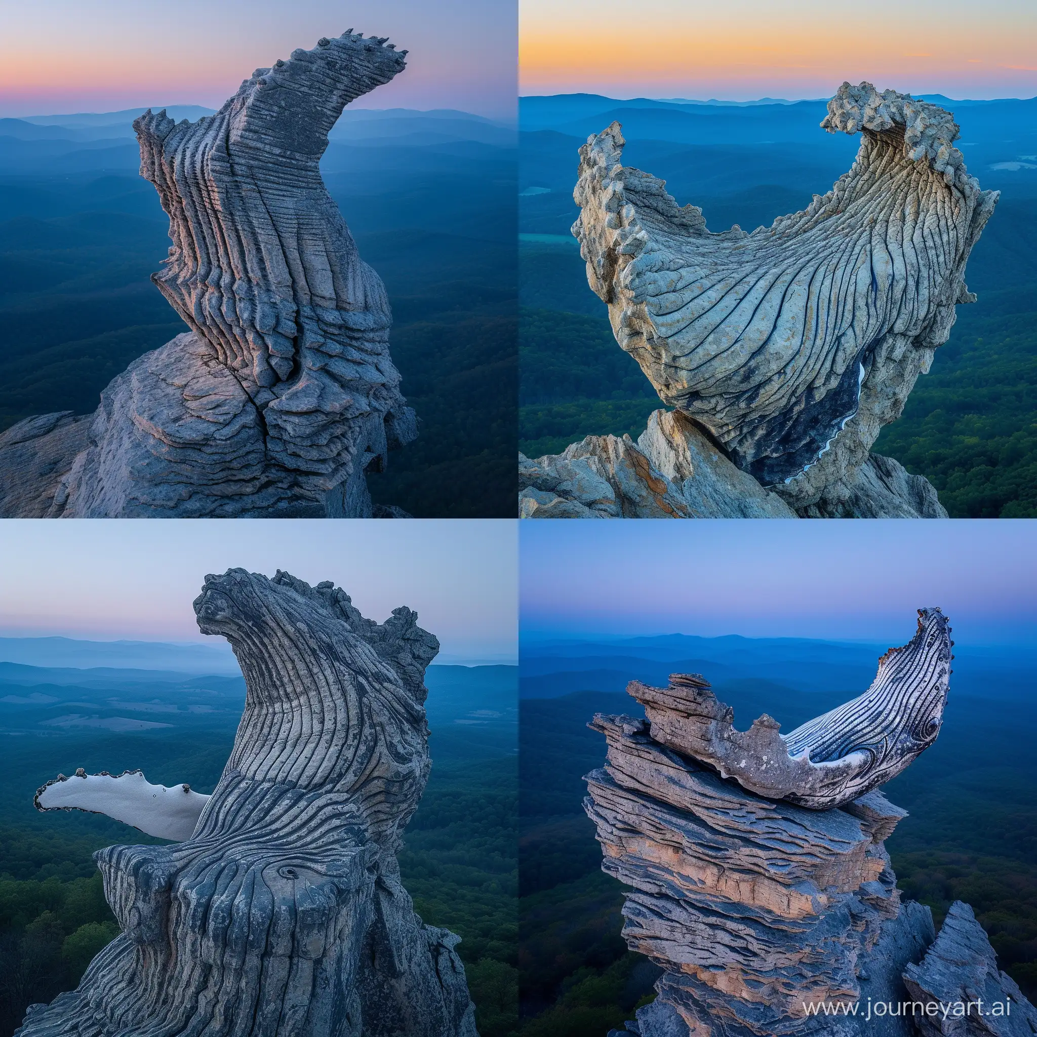 photo of humpback rock outcrop, outcrop is in the shape of a breaching humpback whale, looks exactly like a humpback whale, outline of a humpback whale, head shape and fin shape clearly visible with striations on the ventral pleats, virginia, rolling blue ridge mountains in the background fading into deep blue, drone photography looking at the outcrop, morning, crisp, award winning landscape, sunrise, beautiful, gently lit by the sunrise