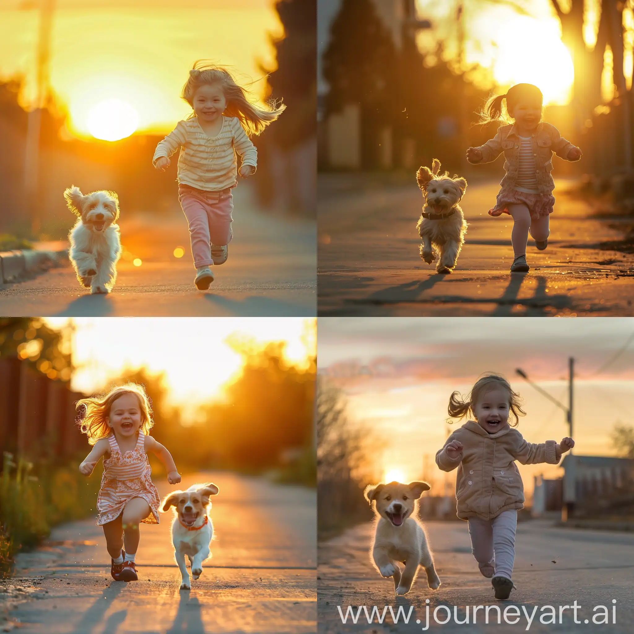 Joyful-Little-Girl-and-Adorable-Dog-Running-in-Sunset-Street-Scene