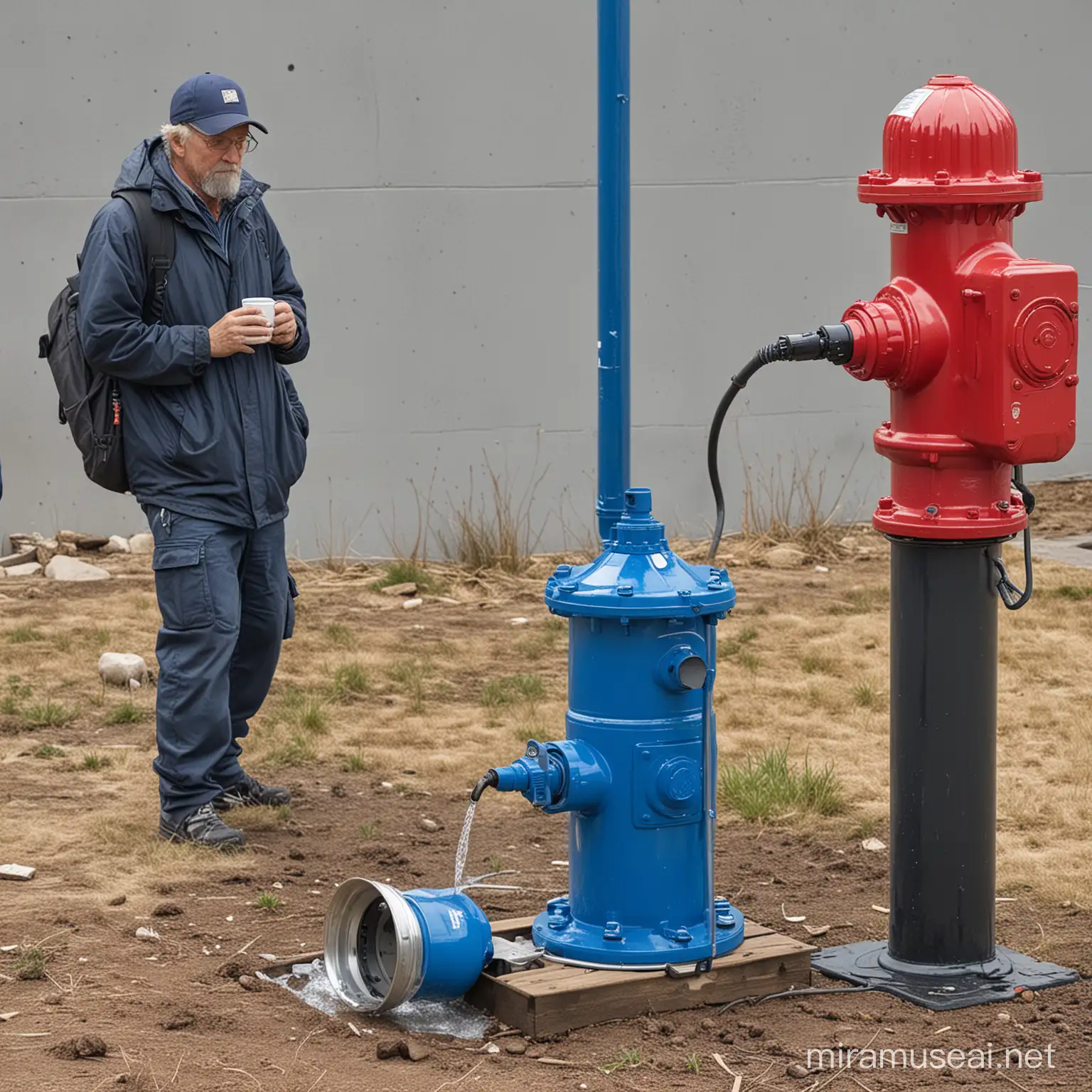 portable fire hydrant with a blue water pump attachment with homeless people with a cup drinking water from water pump attachment