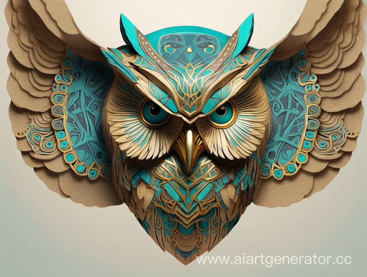 Detailed-Symmetric-HumanOwl-Mask-in-BrownTurquoise-Palette-with-Gold-Accents