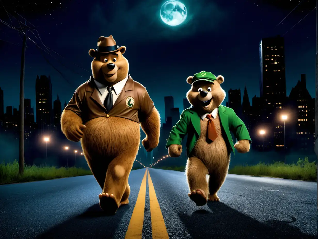 Yogi bear and Boo Boo walking down a deserted road at night with Gotham in the background