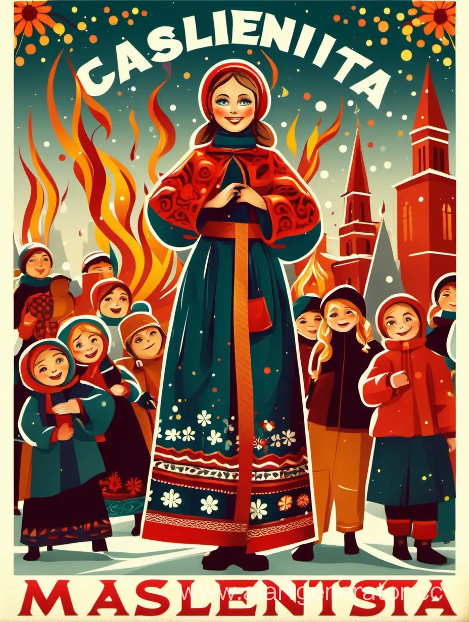 постер к празднованию масленицы, изображена девушка в народном костюме во весь рост, на фоне торжество, костер 