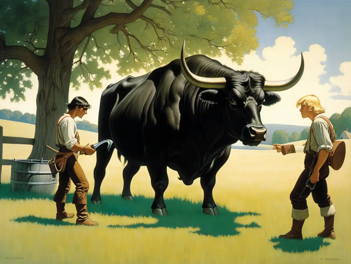 Courageous Encounter Two Young Men Facing a Majestic Bull in a Pastoral Setting