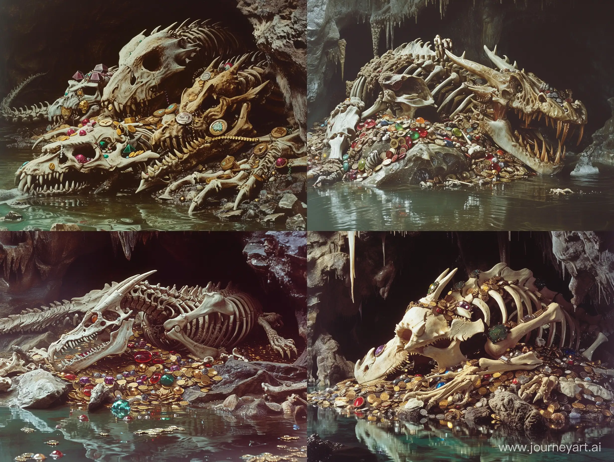 dvd screenengrabs character/arx fatalis a massive pile of dragon and human bones with gems and coins in a dark watery underground crypt dark fantasy 1980 style