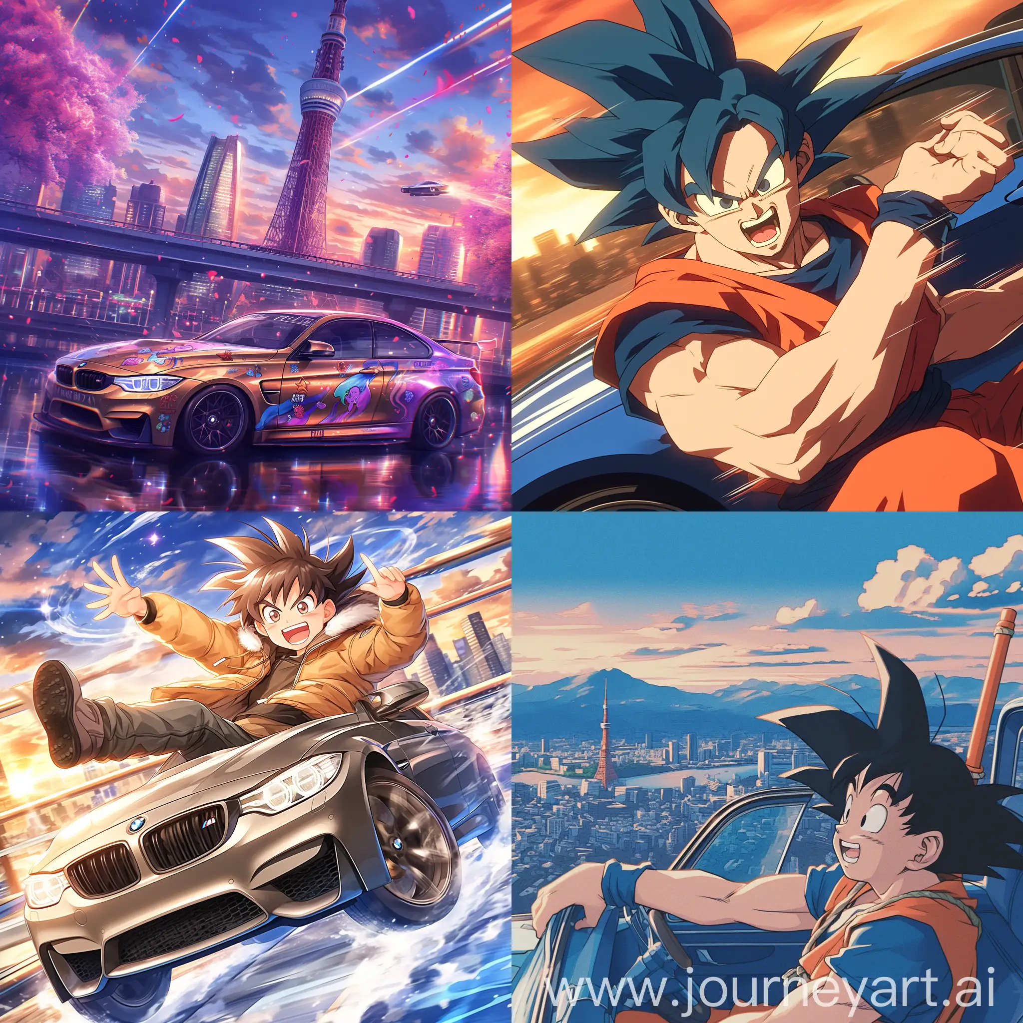 Goku from Dragon Ball, vibrant and dynamic pose, taking photographs with a sleek BMW M3, anime style, action-packed, high-energy, vivid colors, detailed background showcasing a futuristic Tokyo cityscape, intense expressions, speed lines effect, sunset ambiance --ar 1:1 --s 600 --c 15 --niji 6