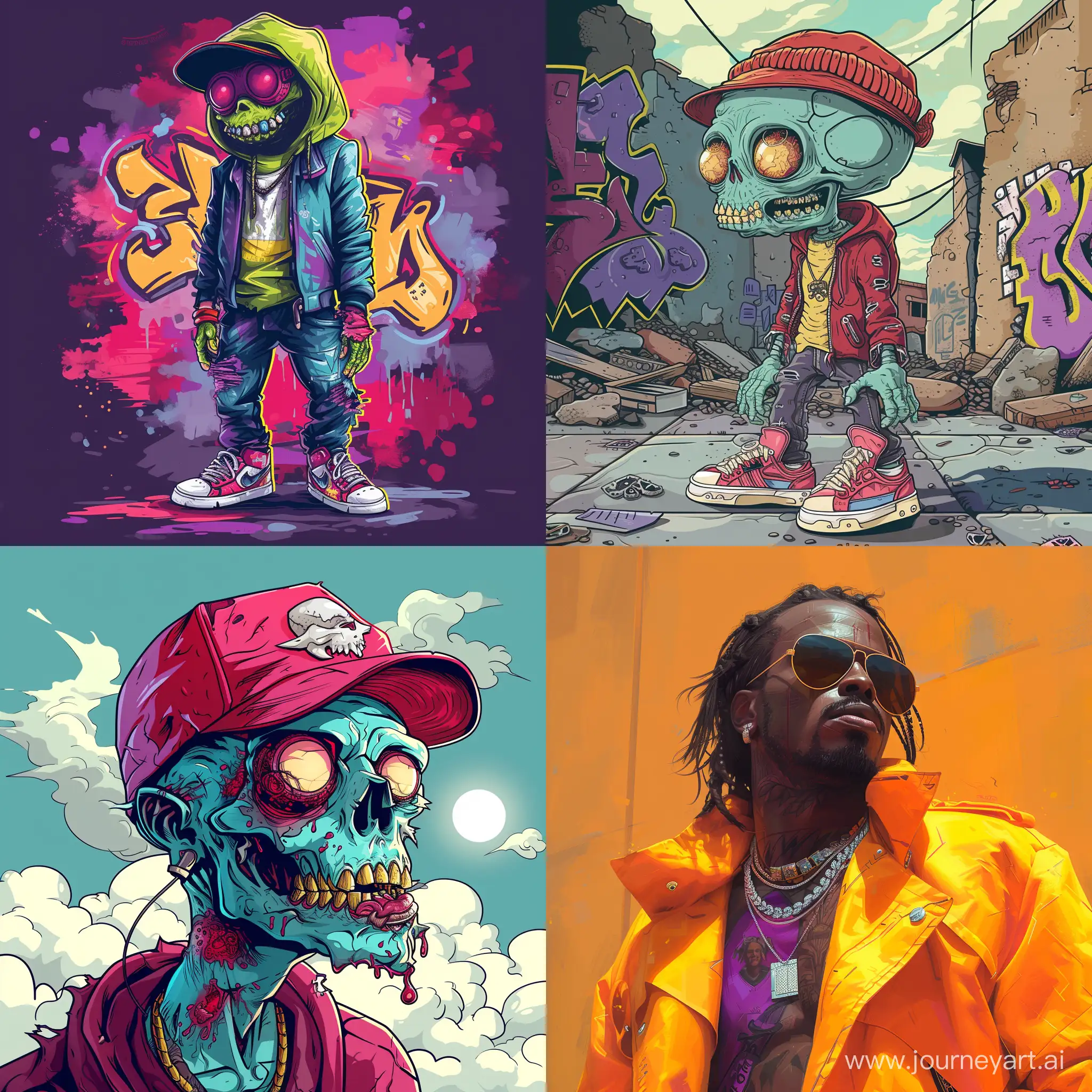 Tough gangster rapper zombie ::5 Plants vs Zombies game style ::4 Holding a white double cup with purple liquid inside ::3 Dangerous aura, banned substances - promethazine, xanax, marijuana, codeine ::2 Unique character design, rapper style clothing ::2 Sinister expression, glowing eyes ::1 --s 250
