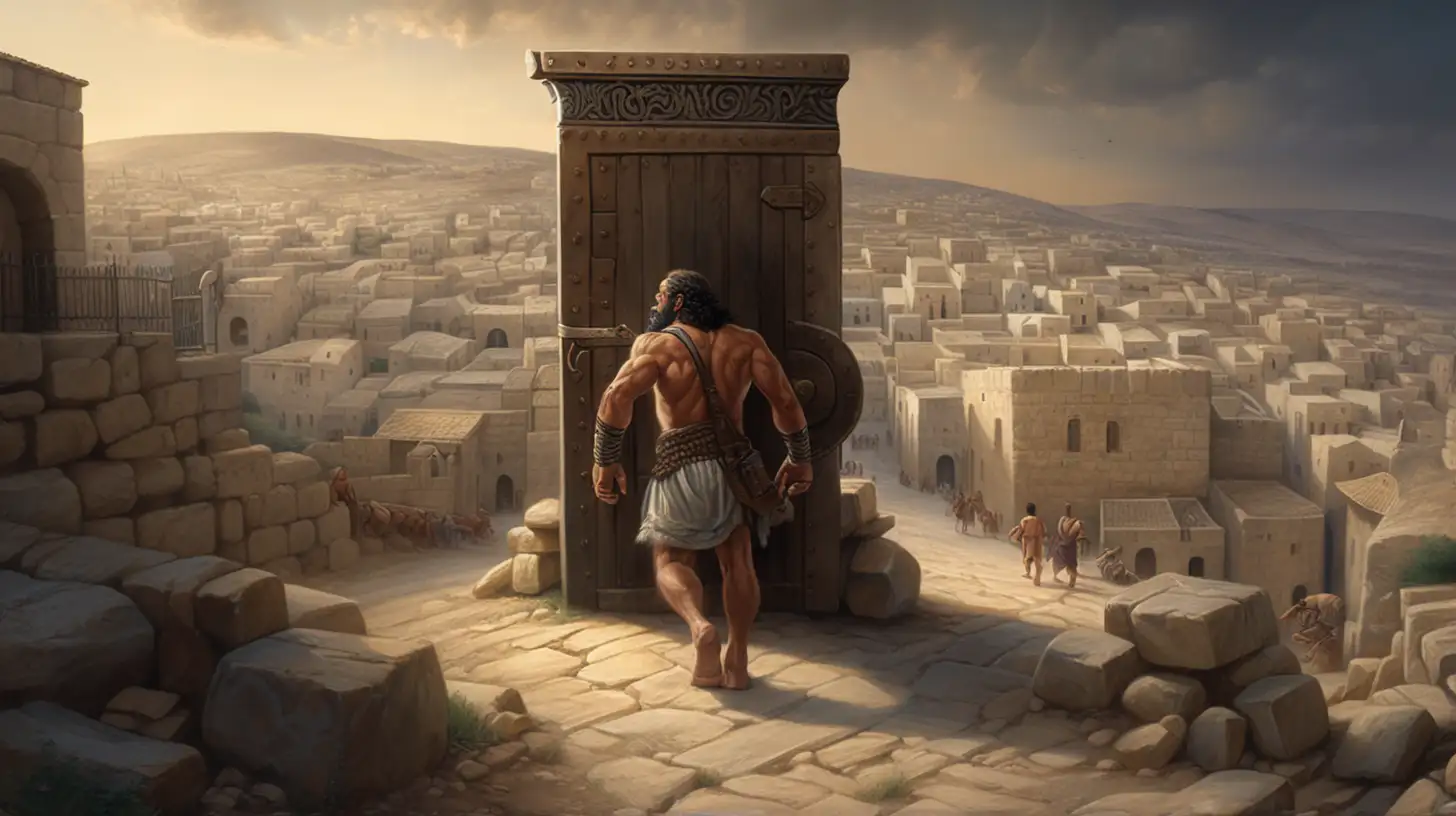 Create an 8K image , In the middle of the night, sensing the danger or perhaps simply deciding to leave, Samson approaches the city gate, finds it securely locked, and instead of turning back, he uproots the gate along with its two posts and bar. Carrying this enormous weight on his shoulders, he climbs to the top of a hill facing Hebron. This act of unparalleled strength not only allows Samson to escape the trap set by the Philistines but also serves as a profound symbol of his defiance against them.