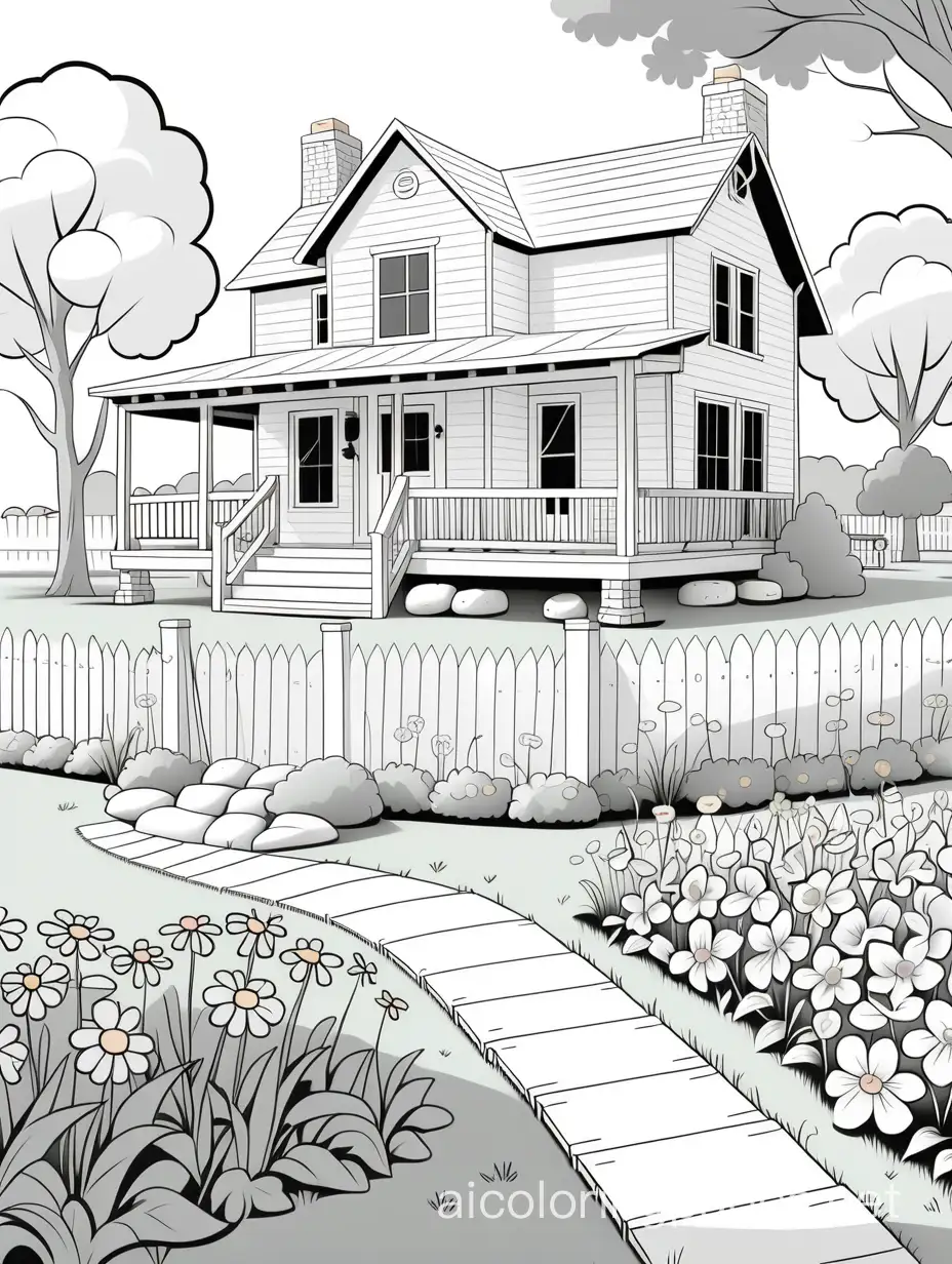 Tranquil-Country-Home-with-Porch-Swing-and-Wildflowers-Coloring-Page