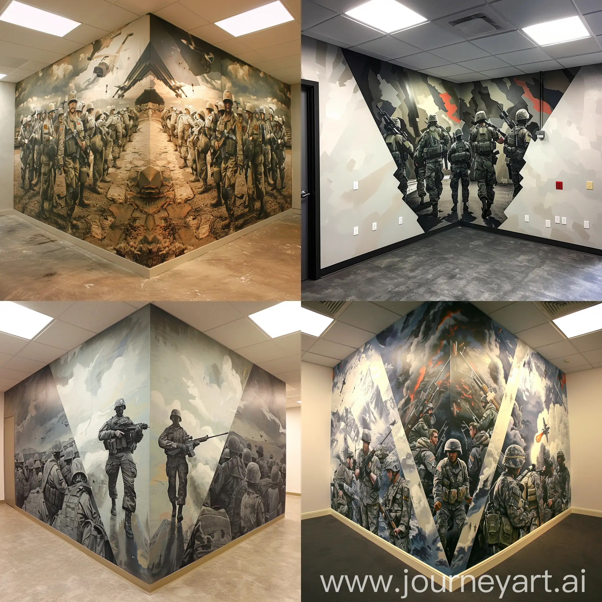 create a  v shaped wall image with army murals on wall