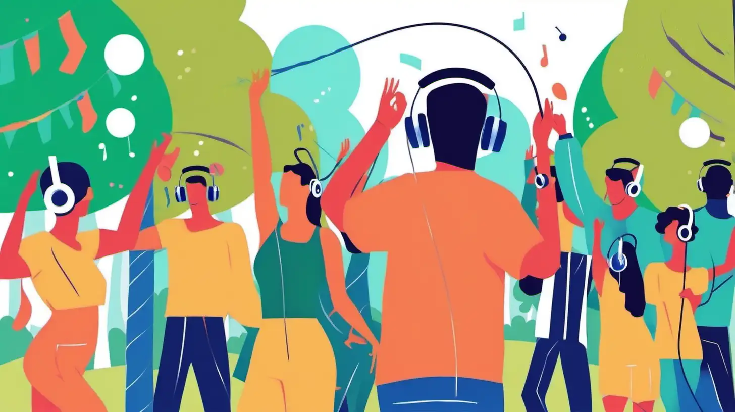 People's party with headset in the park while dancing listening to music and speakers. Flat illustration