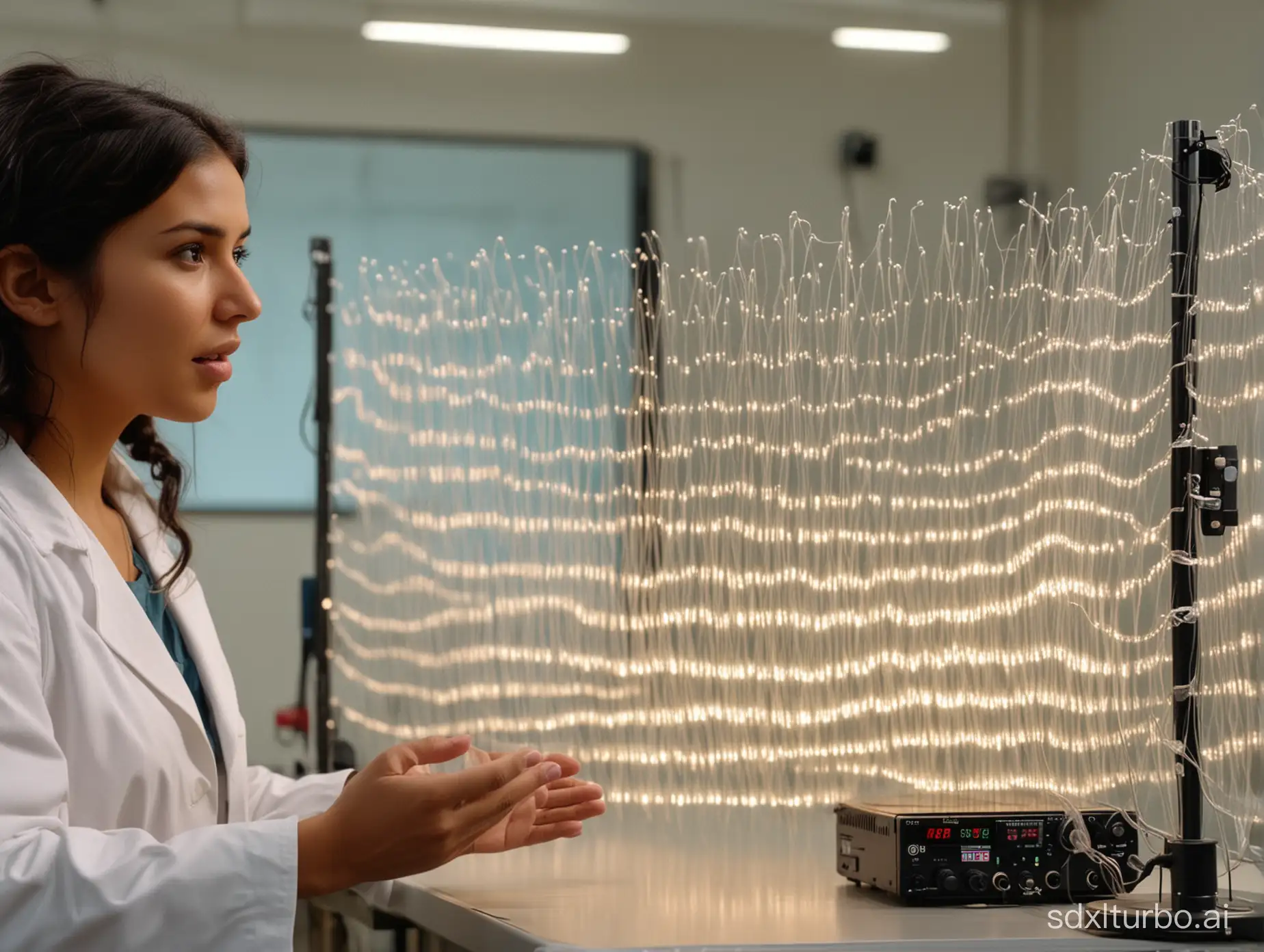 (super realistic) standing waves on a string. sine wave. Wave generator apparatus shows 7-segment LEDs with a frequency of 200 Hertz. The waves are as large as a man. Native aboriginal female scientist woman looks surprised. in a university laboratory setting. Shallow depth of field. (high quality)