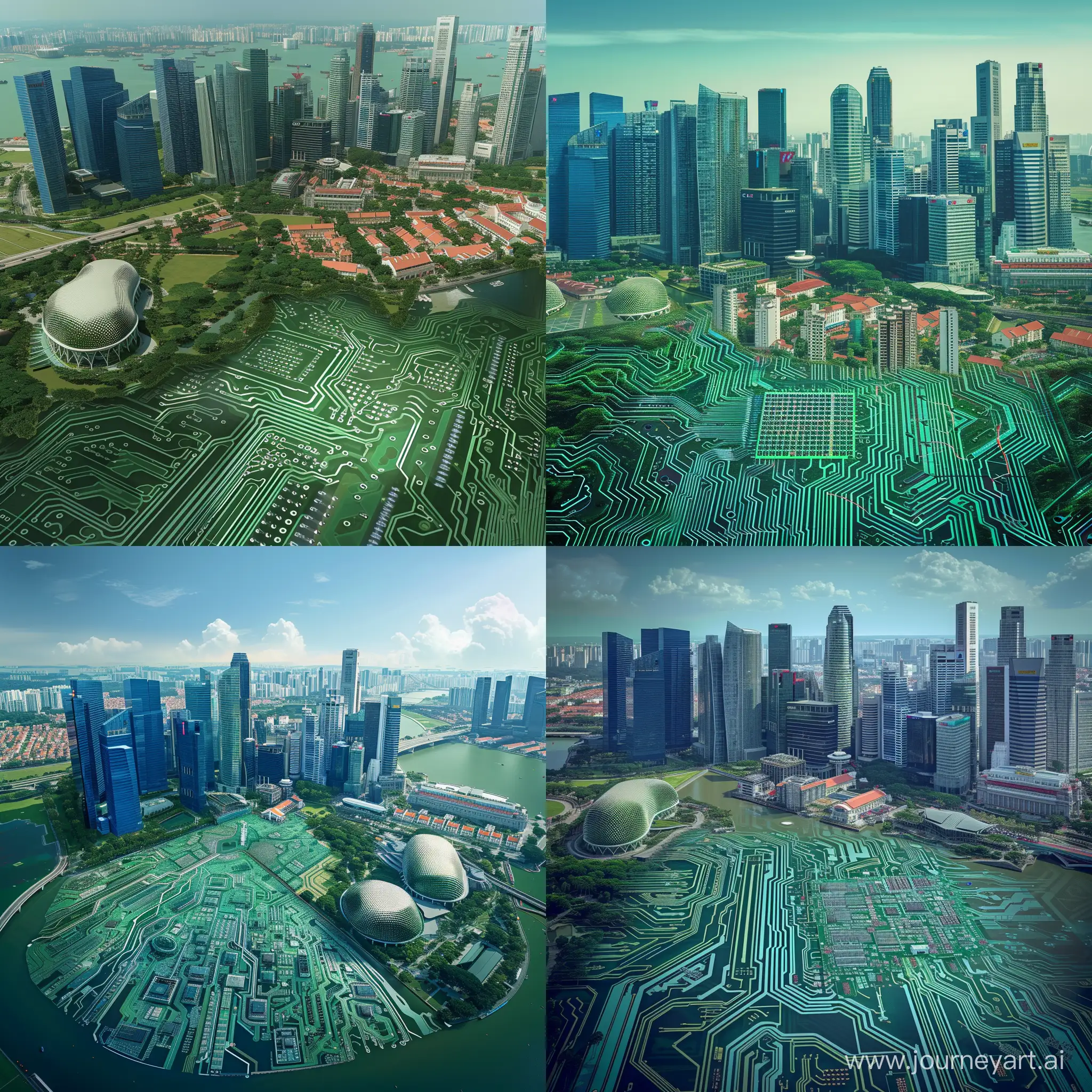create an image of Singapore including the skyline. It should be interwoven with a computerchip. Make it look photorealistic