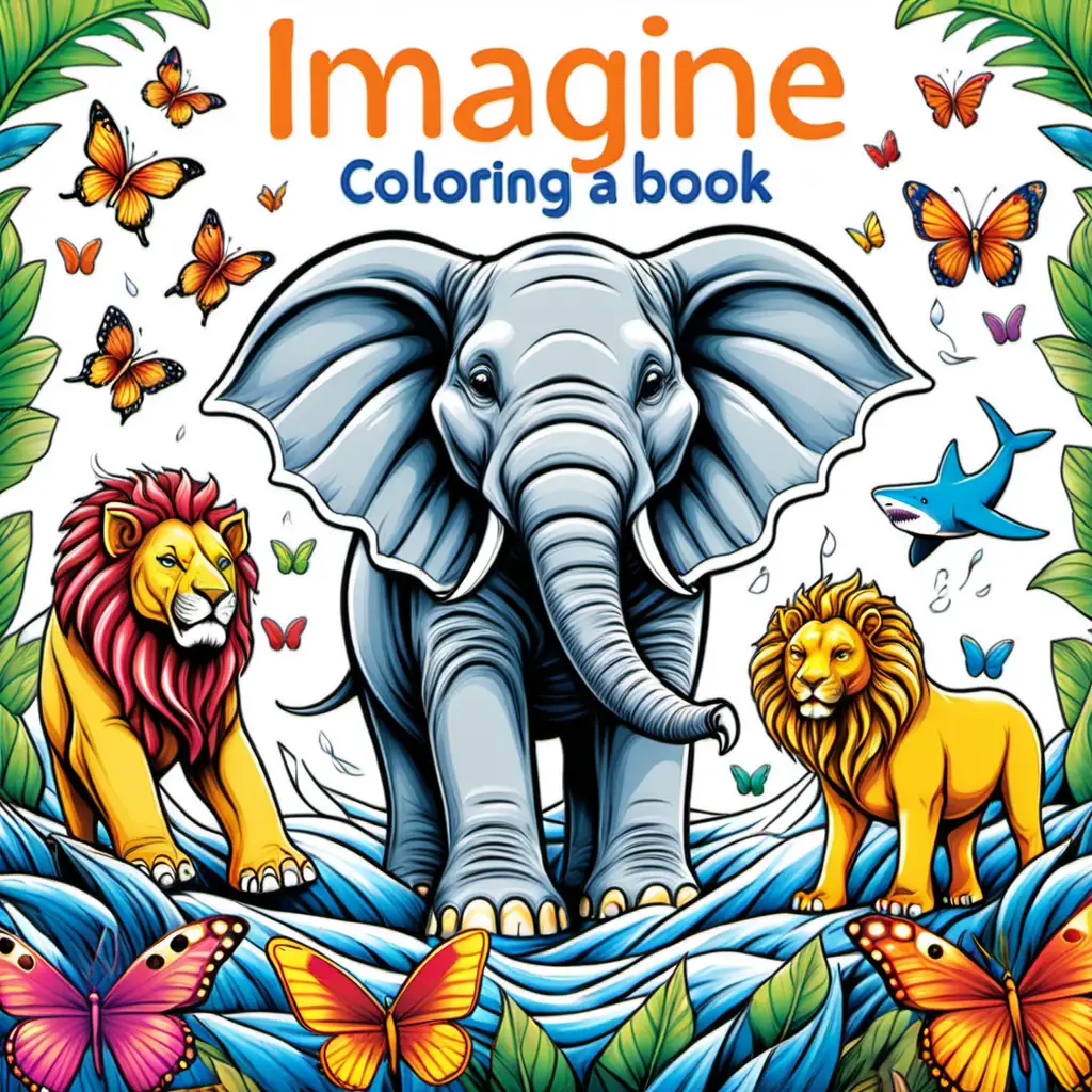 Coloring Book Cover Elephant Lion Shark and Butterfly Adventure for Kids 812