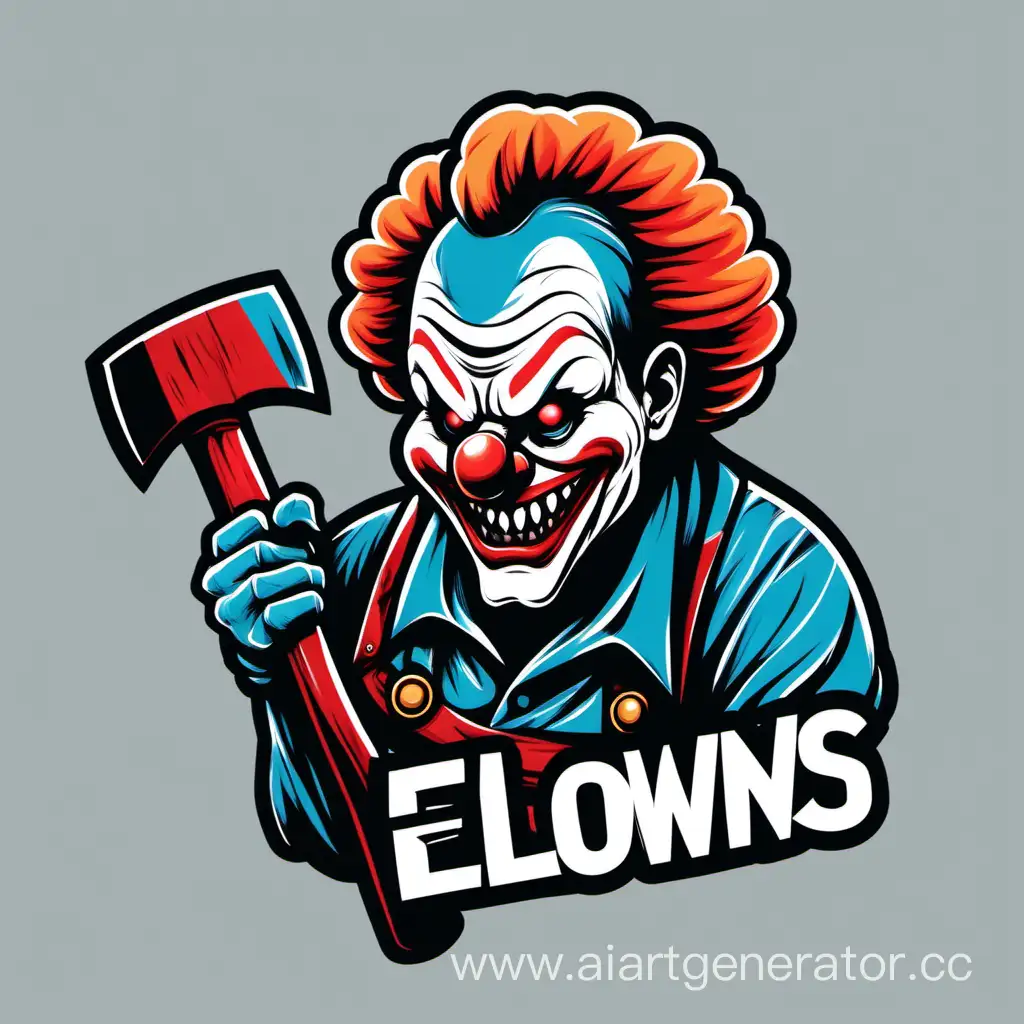Сделай логотип связанный с злым клоуном в руках с топором используя только 3 цвета.