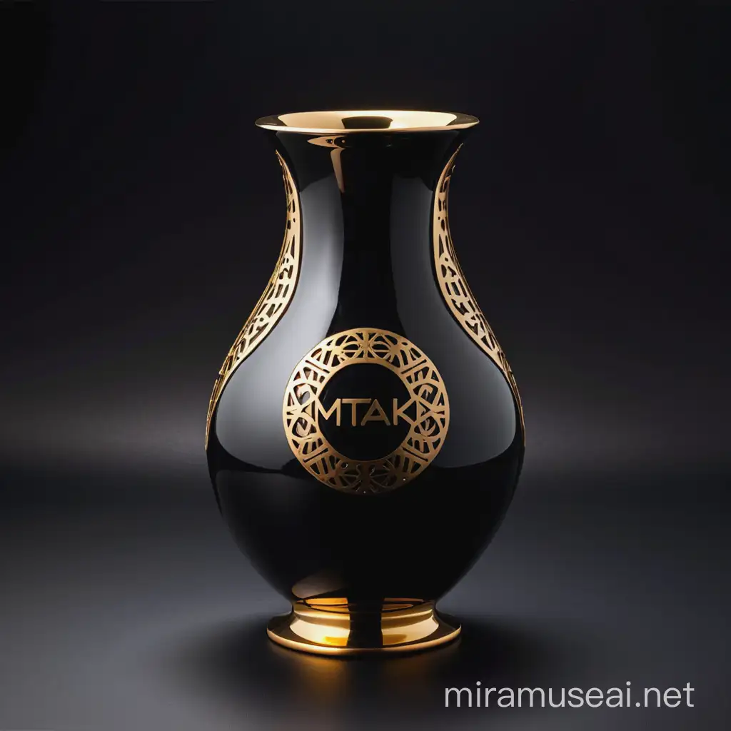 The design of a vase with a black background with the word "MTAK" written in the middle of the logo in gold color with Latin font.