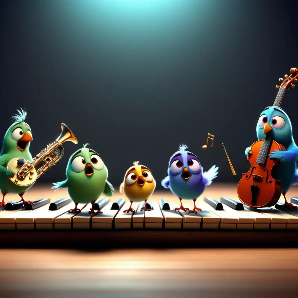Pixar style. small birds playing on music instruments big scene. there is an empty space on the right side of the image

