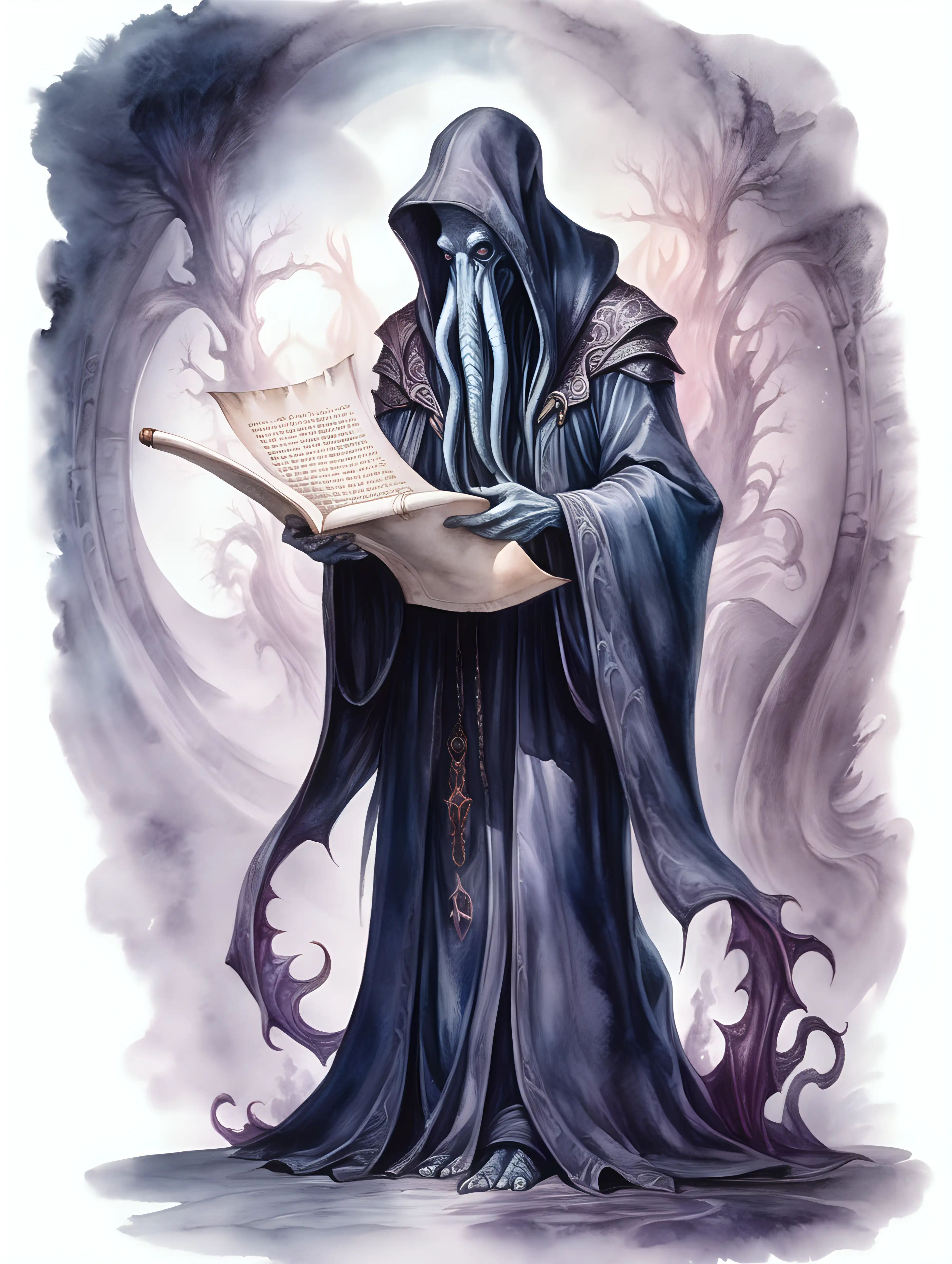 fantasy mind flayer prophet standing and reading a scroll, dark watercolor drawing, no background