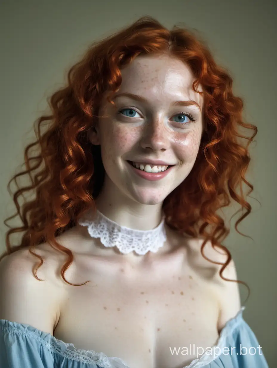 full body view, low angle view, portrait of a beautiful young redhead woman, we see her from below, she is pretty, she has grey eyes, she has pale skin, she has lots of freckles, she has long light red hair that is curly and parted in the middle and falls in curtains, she has curly blunt bangs, she has a beautiful innocent face, she is wearing a light blue lace choker, naked, visible nipples, smiling, very cute, sharp jawline, cheek dimples, perfect, sense of wonder, Velazquez painting style