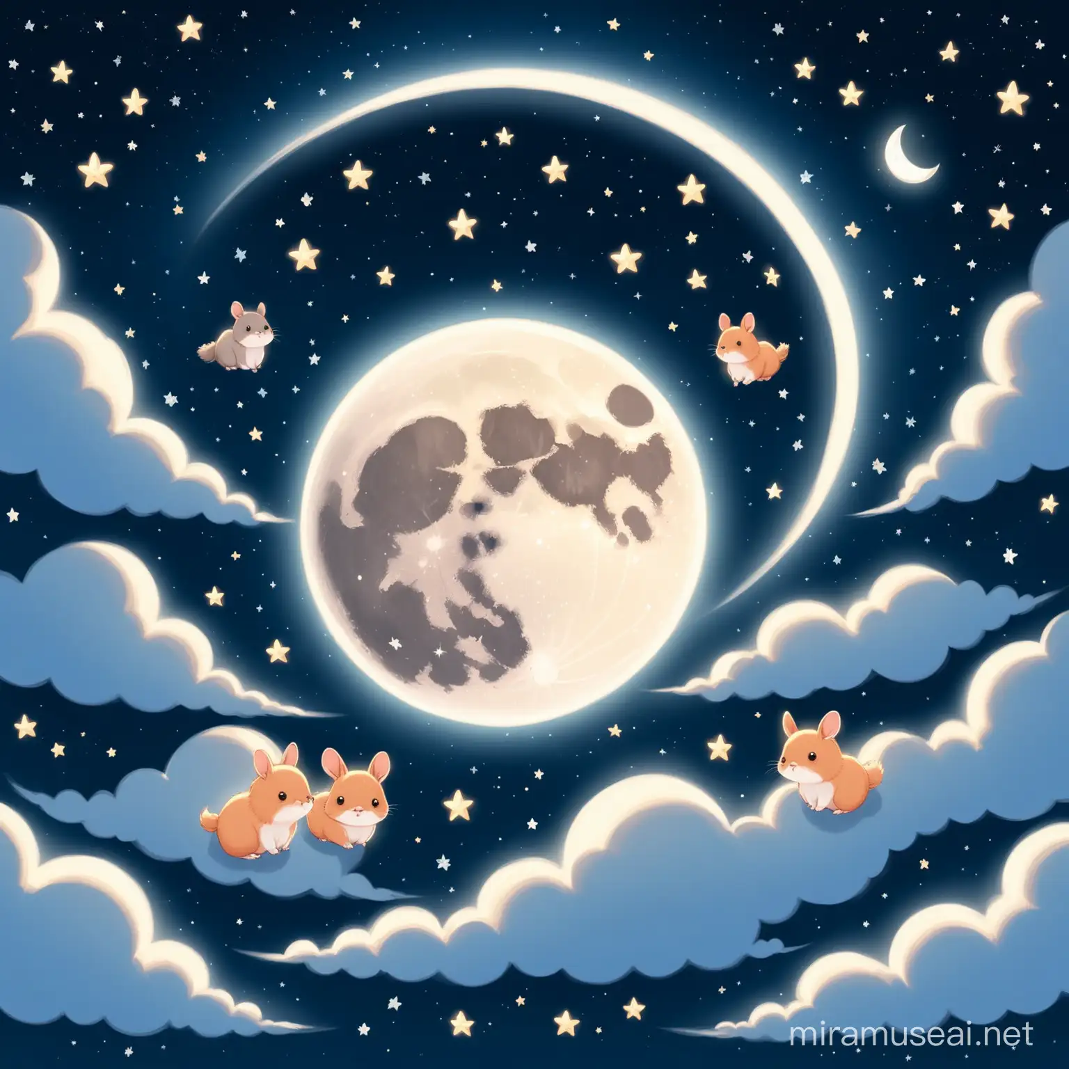 Luna con nubes a su alrededor con animalitos 
