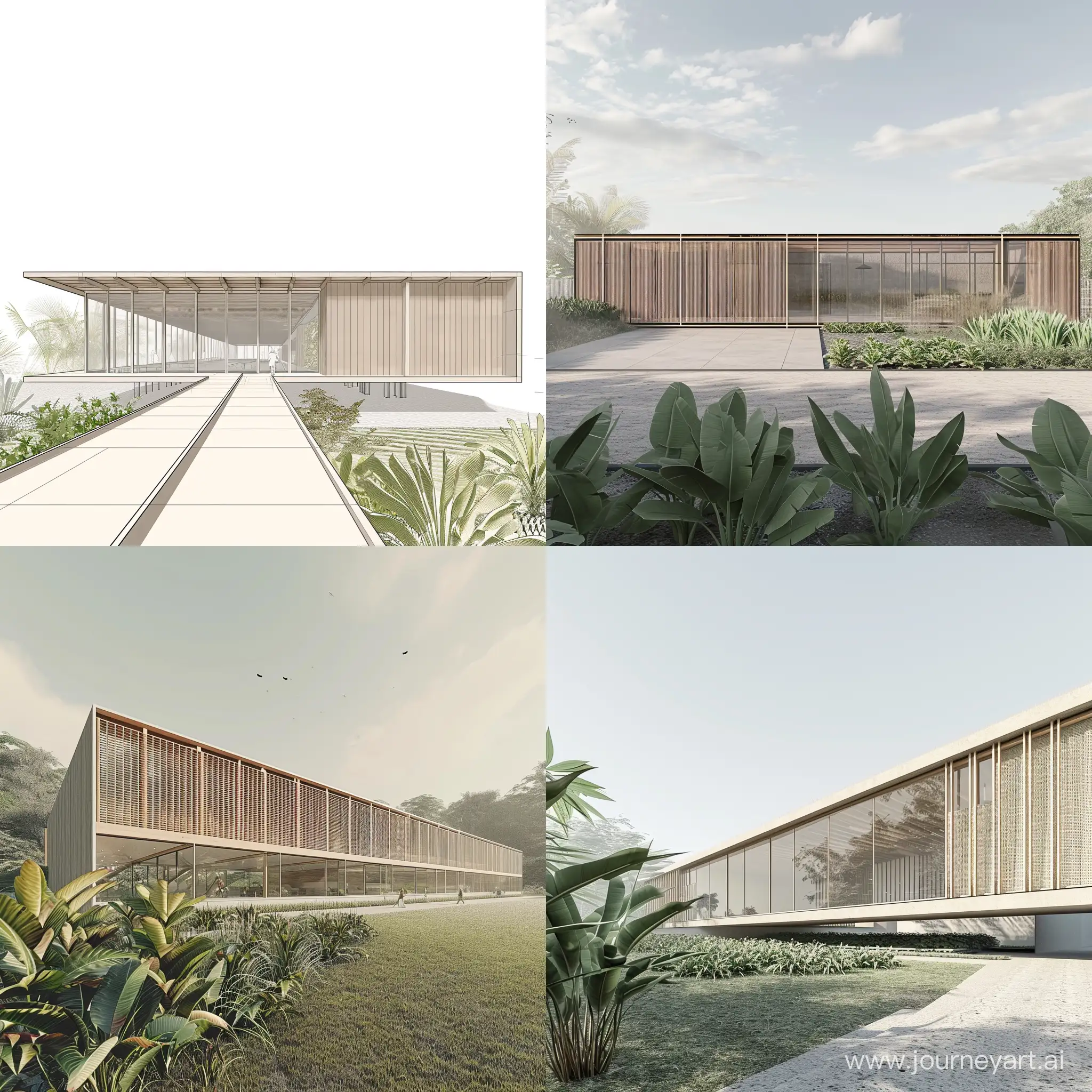 3D sketch of a linear single storey building, made of a timber structure, with a partial glass facade facing a nice green area with some plants
